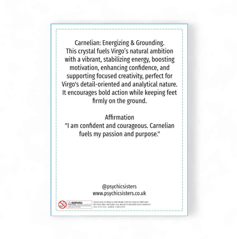 Text description of Carnelian crystal properties and benefits on a white background