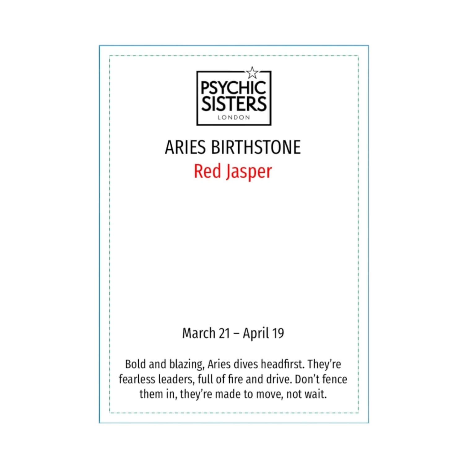 Card from Psychic Sisters London with Aries birthstone information on a white background