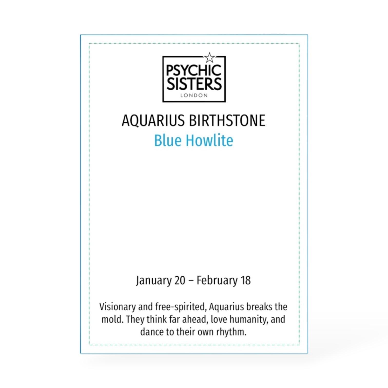 Card with 'Psychic Sisters London' branding, Aquarius birthstone information, and description of traits for Aquarius.