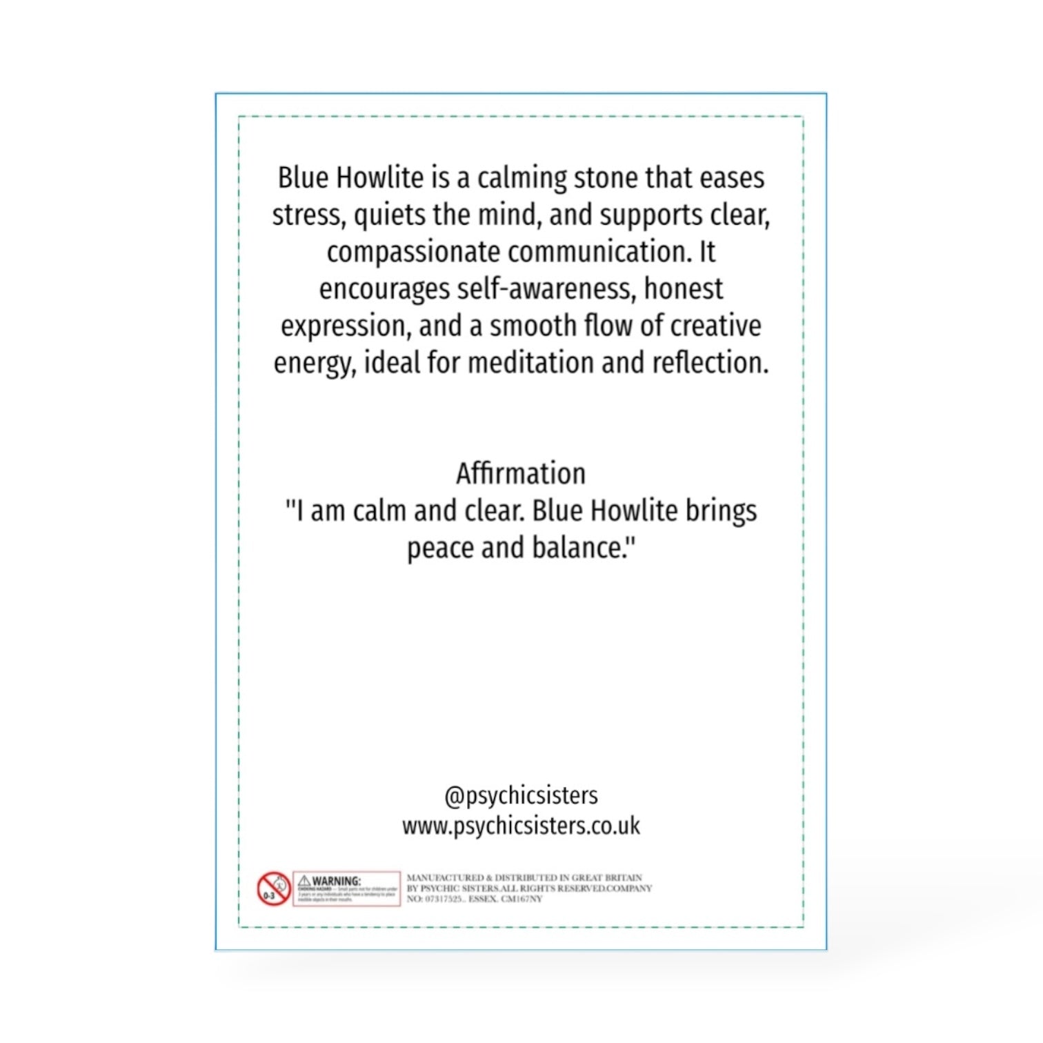 Text describing the benefits of Blue Howlite stone and its uses, with a white background.