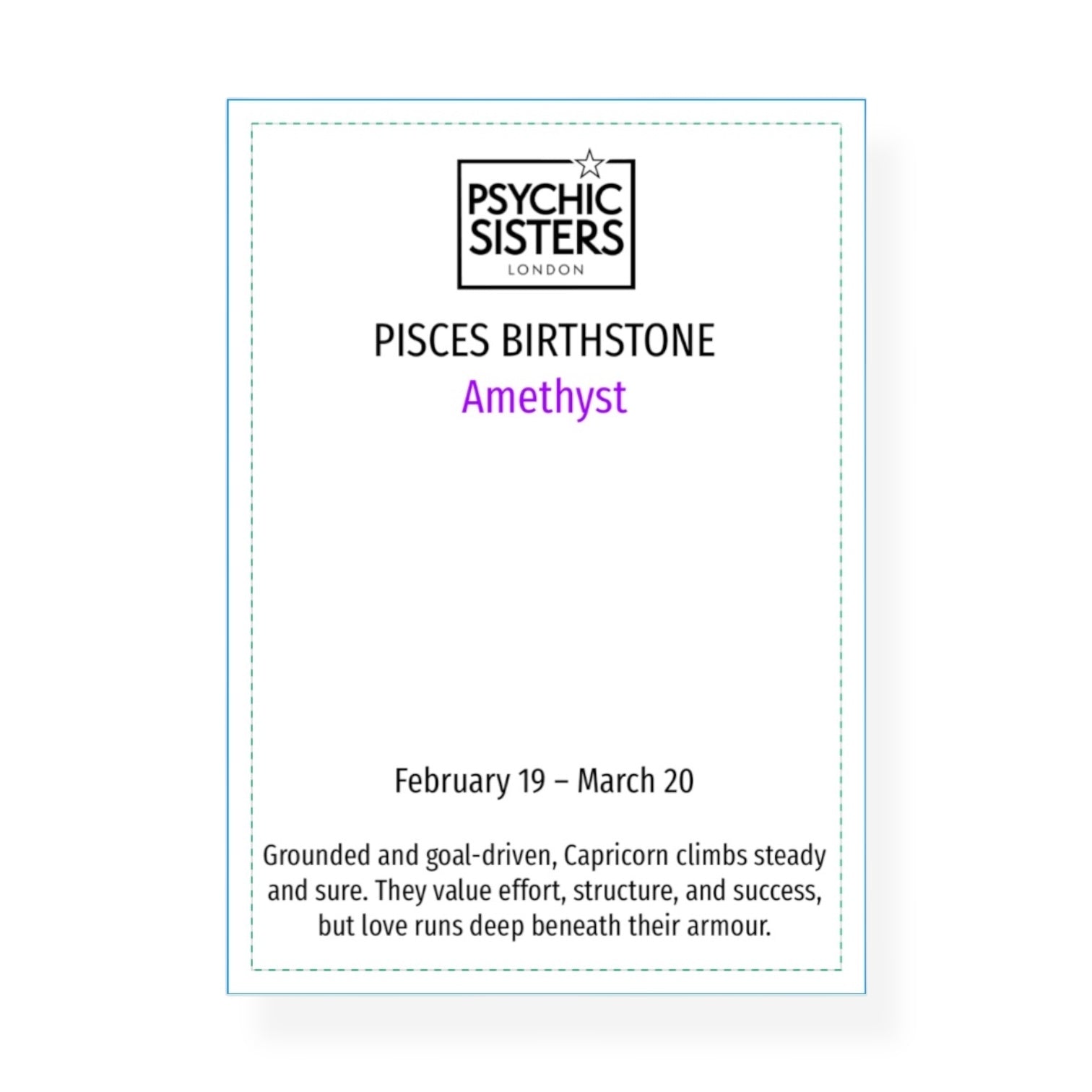 Card from Psychic Sisters London with Pisces birthstone information on a white background