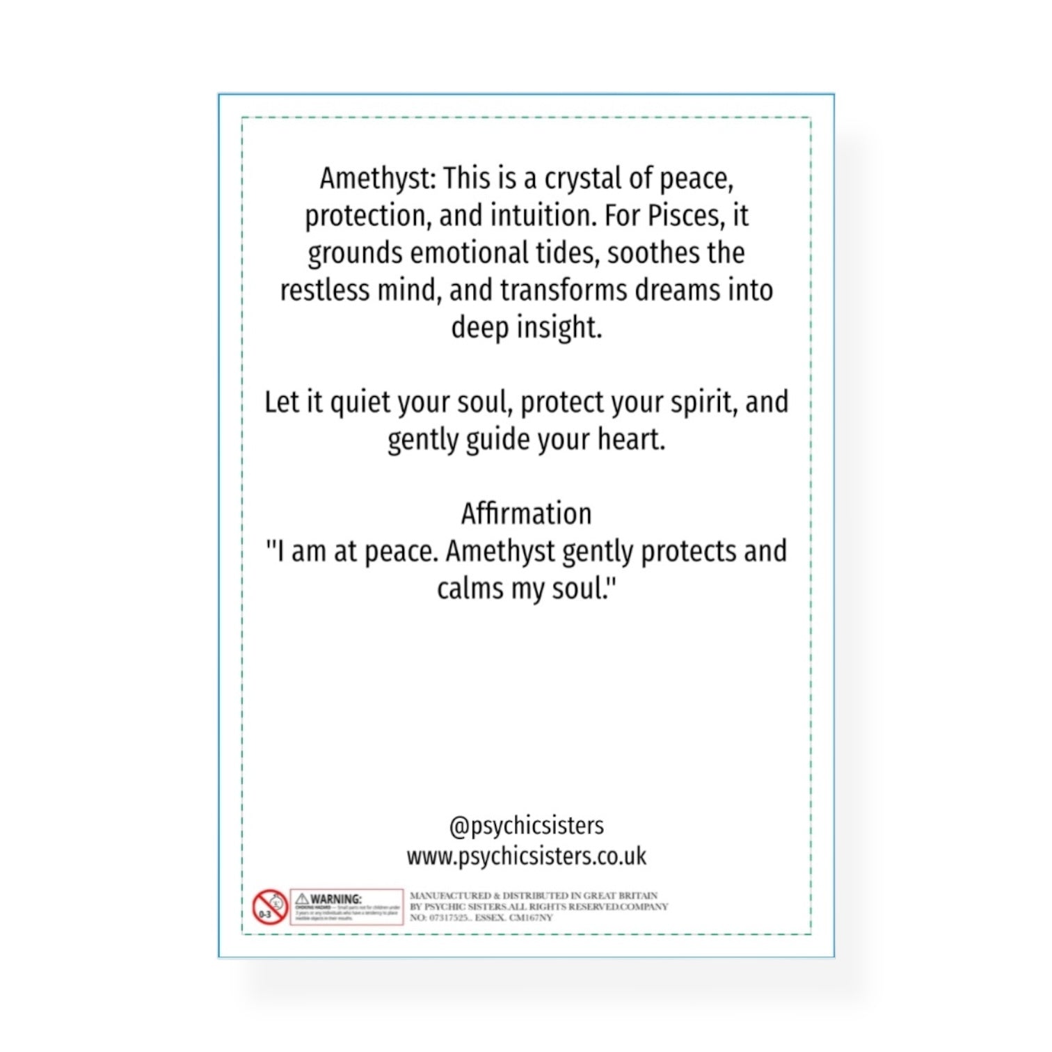 Text description of amethyst properties and benefits on a white background