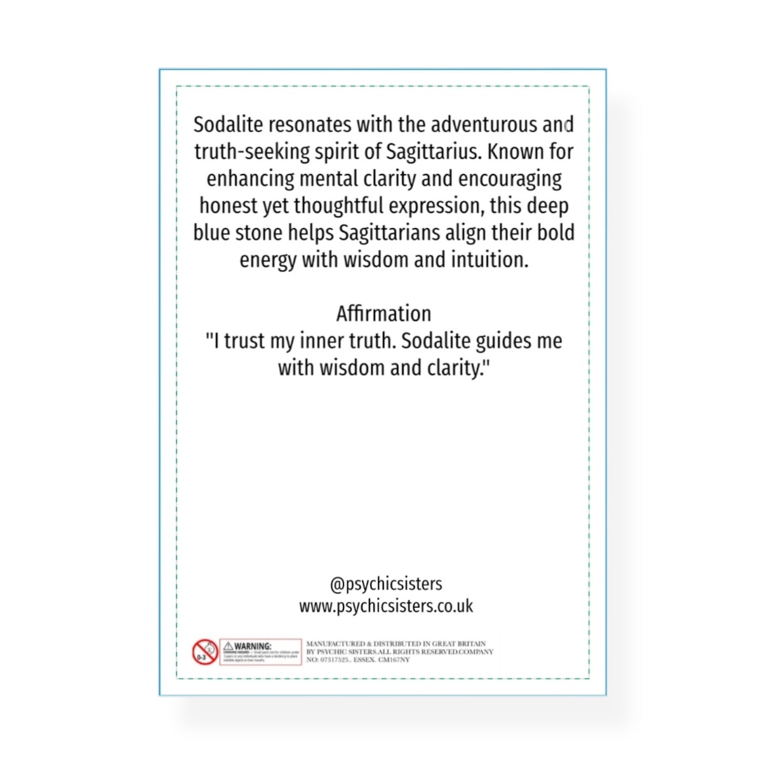 Sodalite affirmation card for Sagittarius birthstone bracelet with wisdom and clarity message.