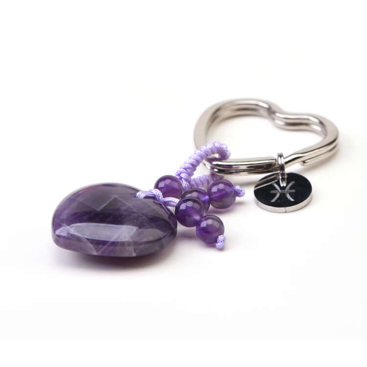 Keychain with purple gemstone and beads on a white background