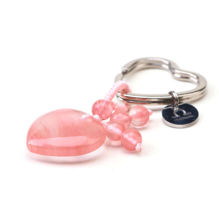Keychain with pink beads and a round pink stone on a white background