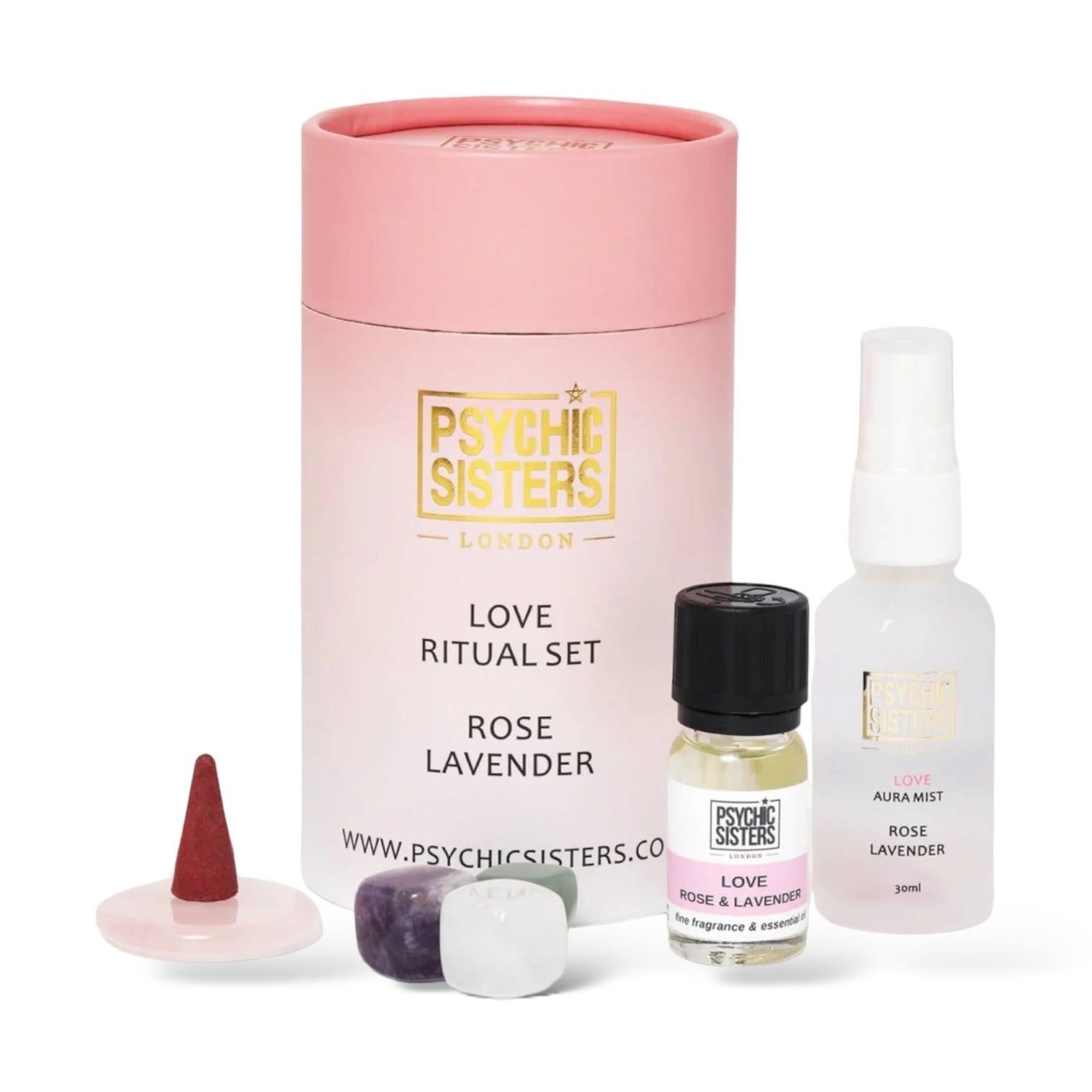 Love Ritual Set by Psychic Sisters featuring rose and lavender aromatherapy products and energised crystals.