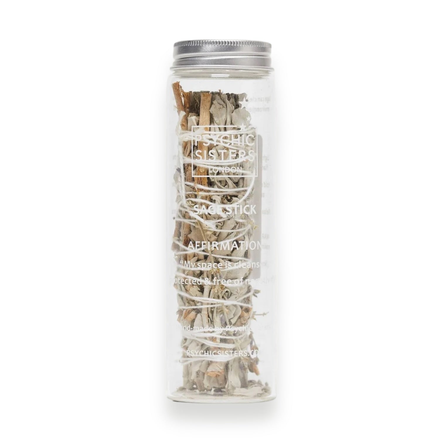 Psychic Sisters sage stick in a clear container, ideal for cleansing and protecting energy.