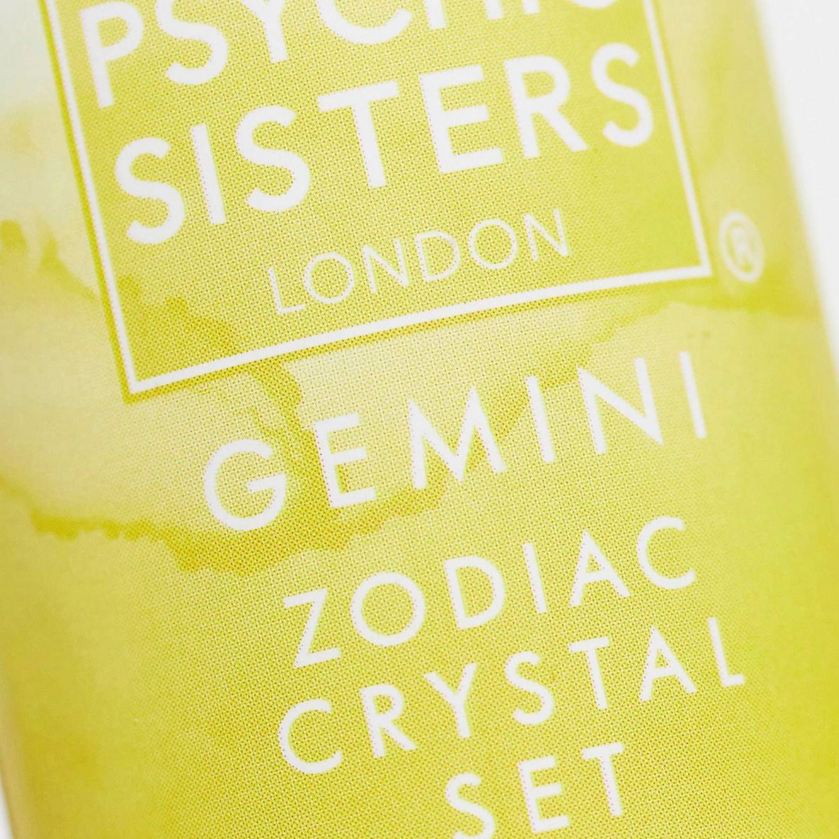 Gemini Crystal Set from Psychic Sisters, showcasing vibrant packaging designed for the zodiac sign Gemini.