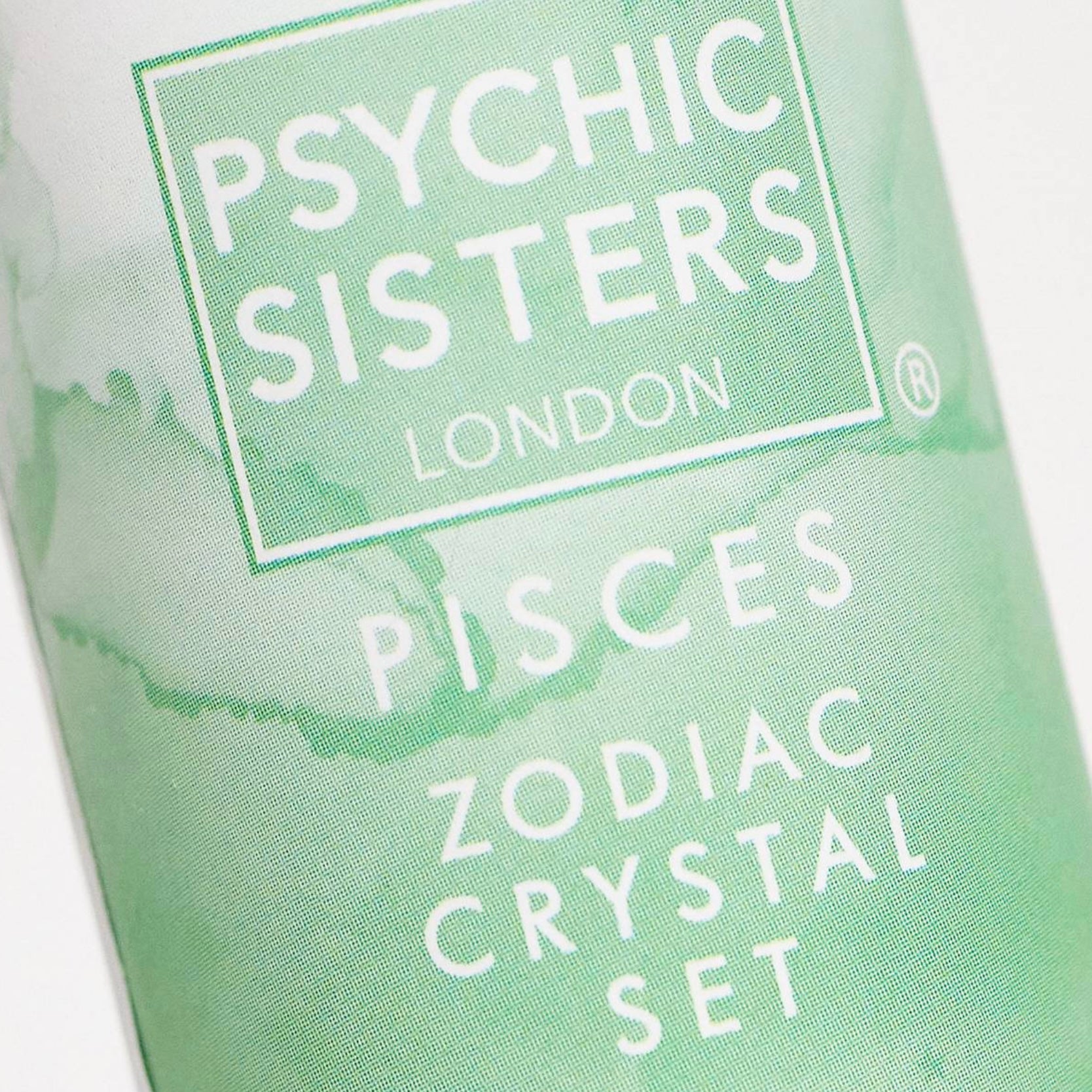 Pisces Crystal Set (February 19 – March 20) by Psychic Sisters with elegant green watercolor design.