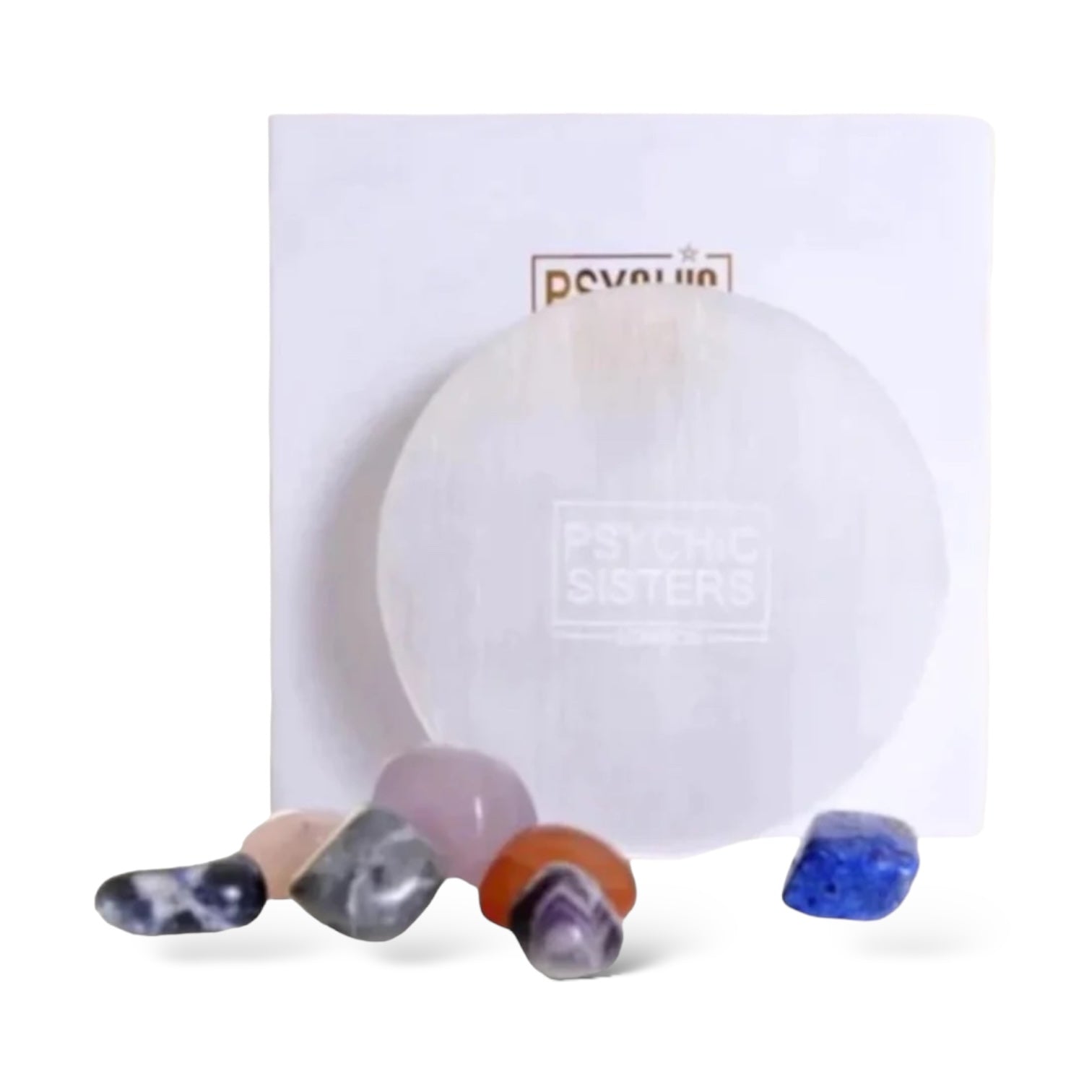 Selenite Charging Plate positioned with various colorful crystals, perfect for cleansing and charging energy.