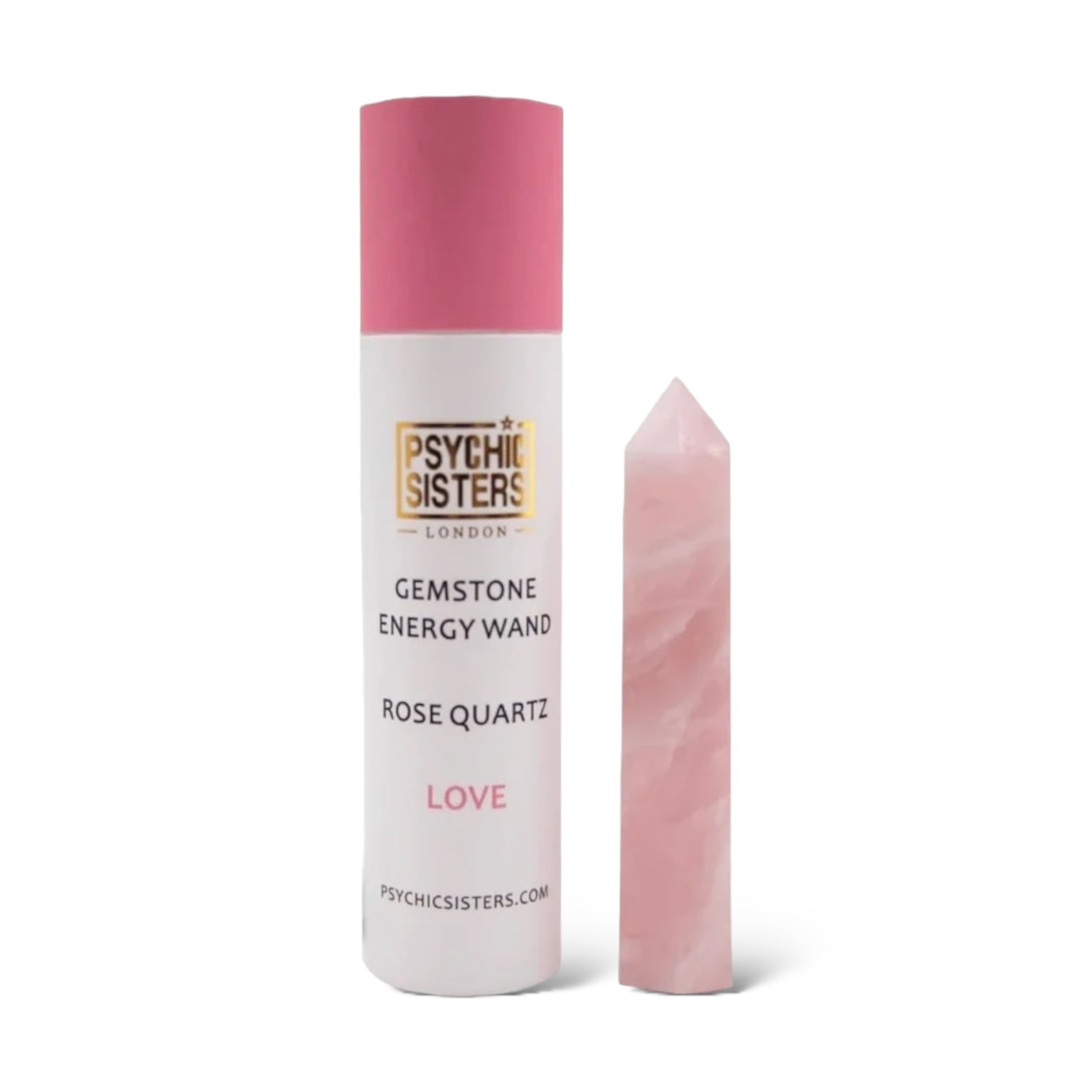 Rose Quartz Point next to its packaging in a pink tube, promoting love and energy balance.