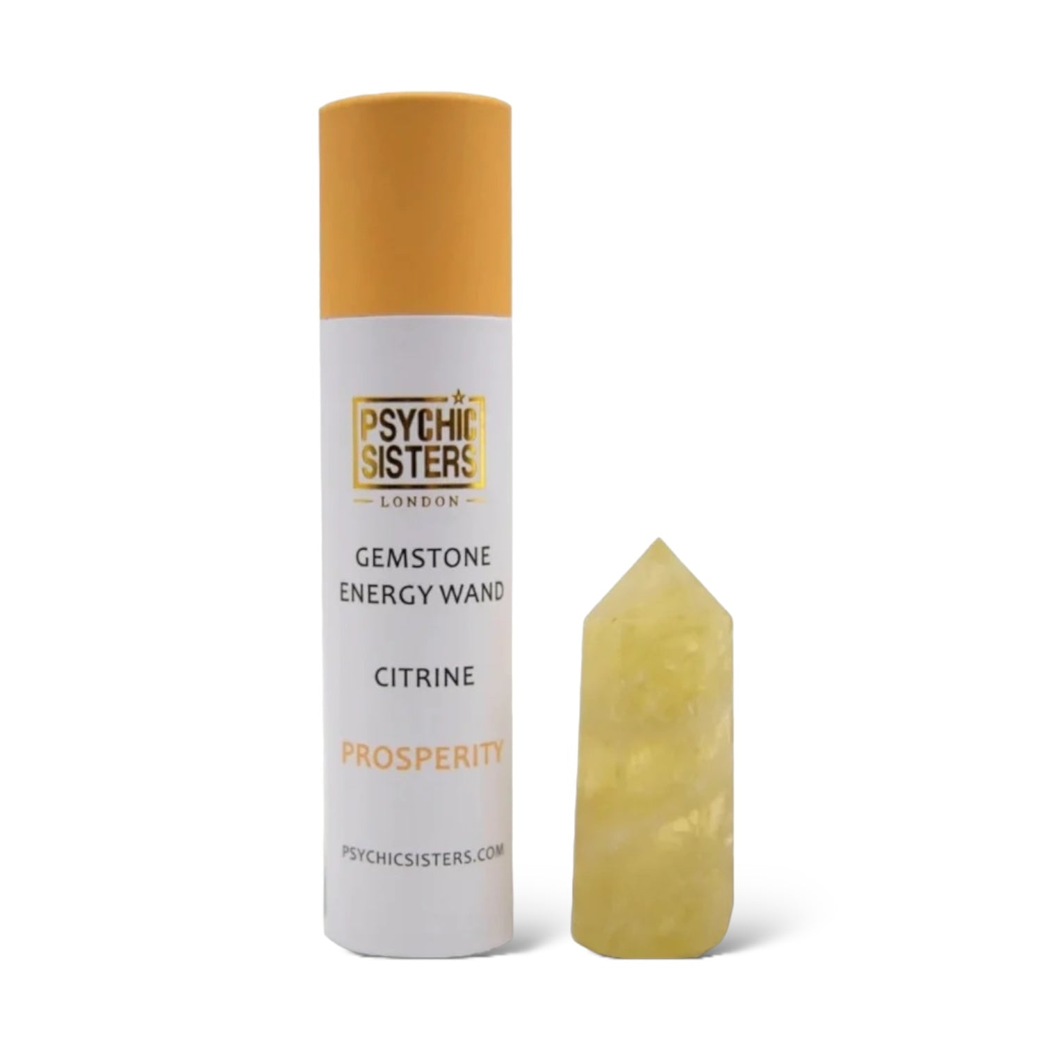 Citrine Point gemstone energy wand in packaging, promoting prosperity and abundance.