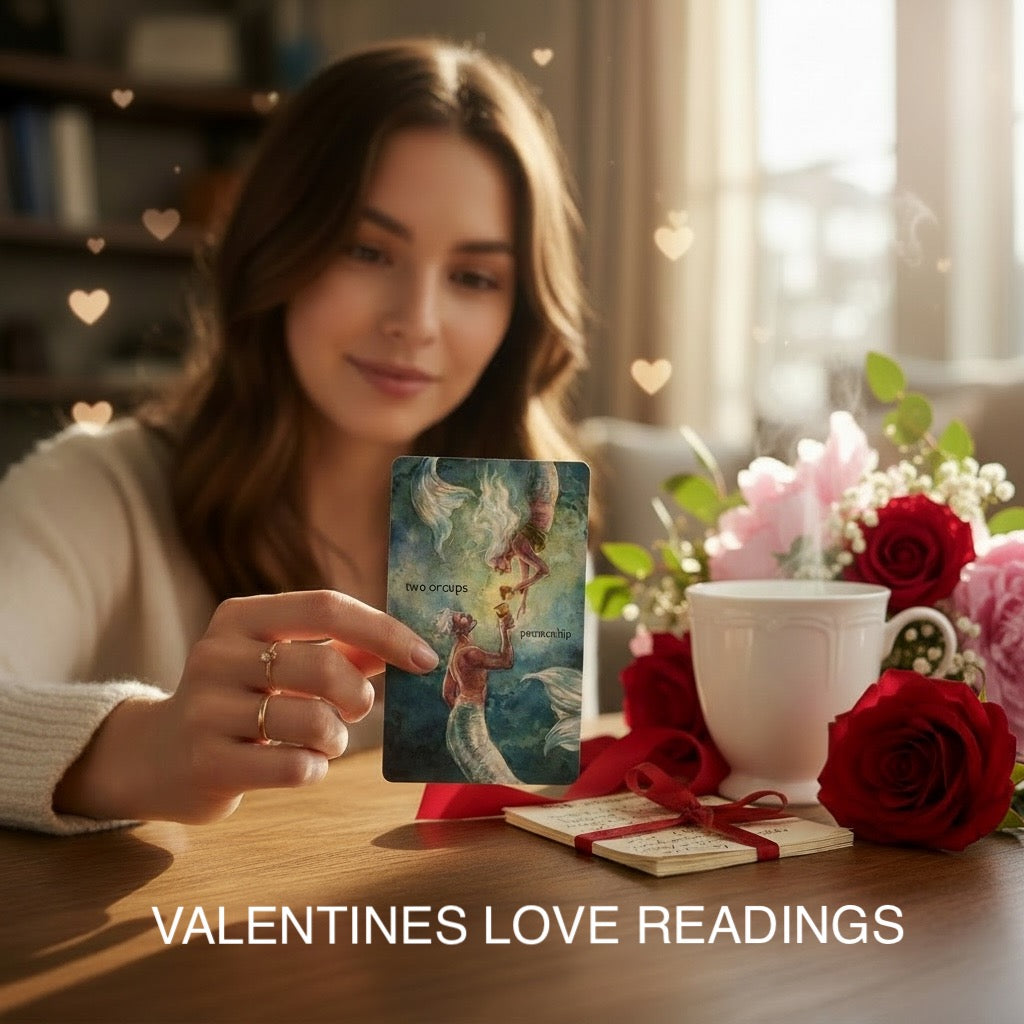 Woman holding a tarot card focused on Valentines Love Readings with flowers and a cup nearby.