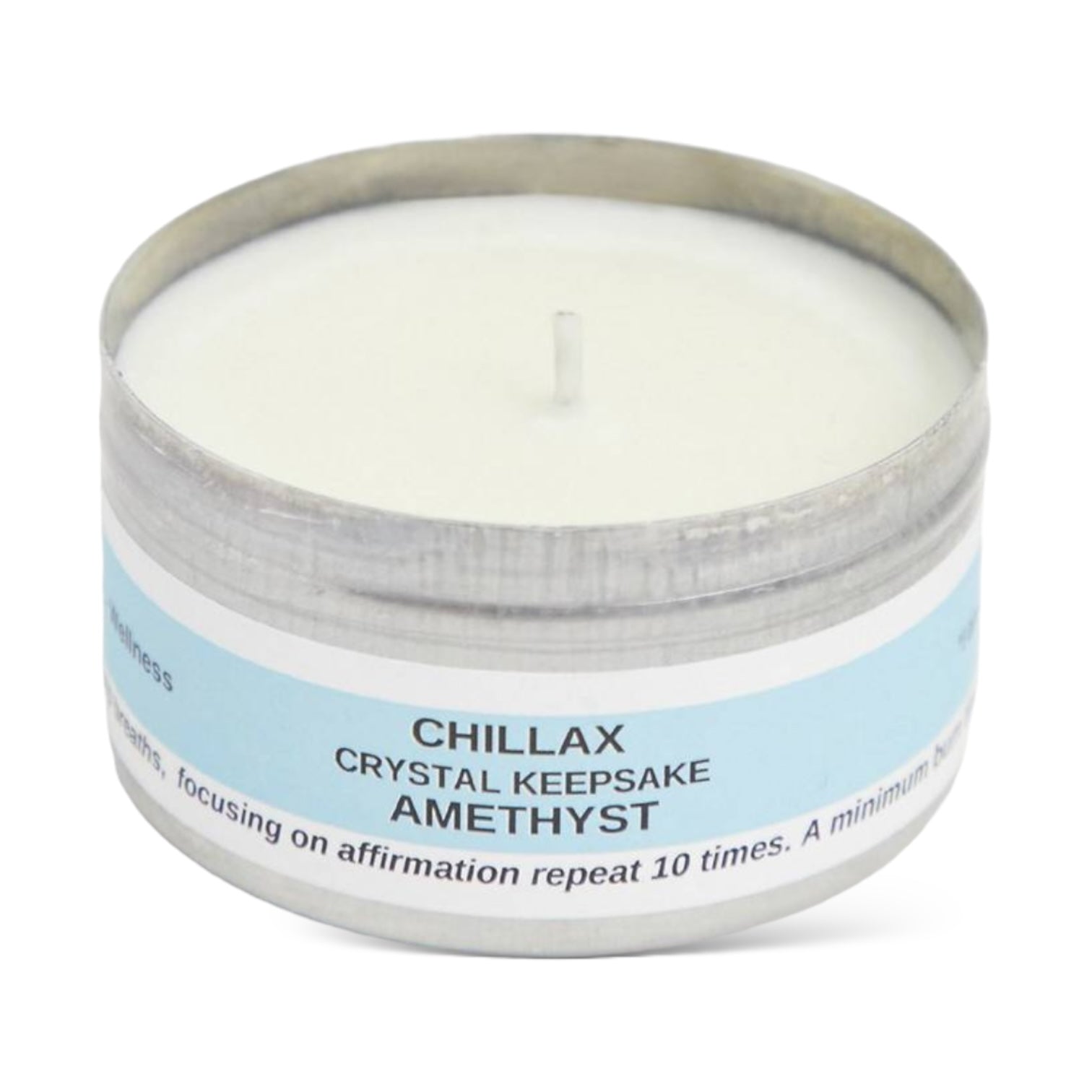 Chillax Tin Candle with amethyst gemstone for relaxation and meditation.