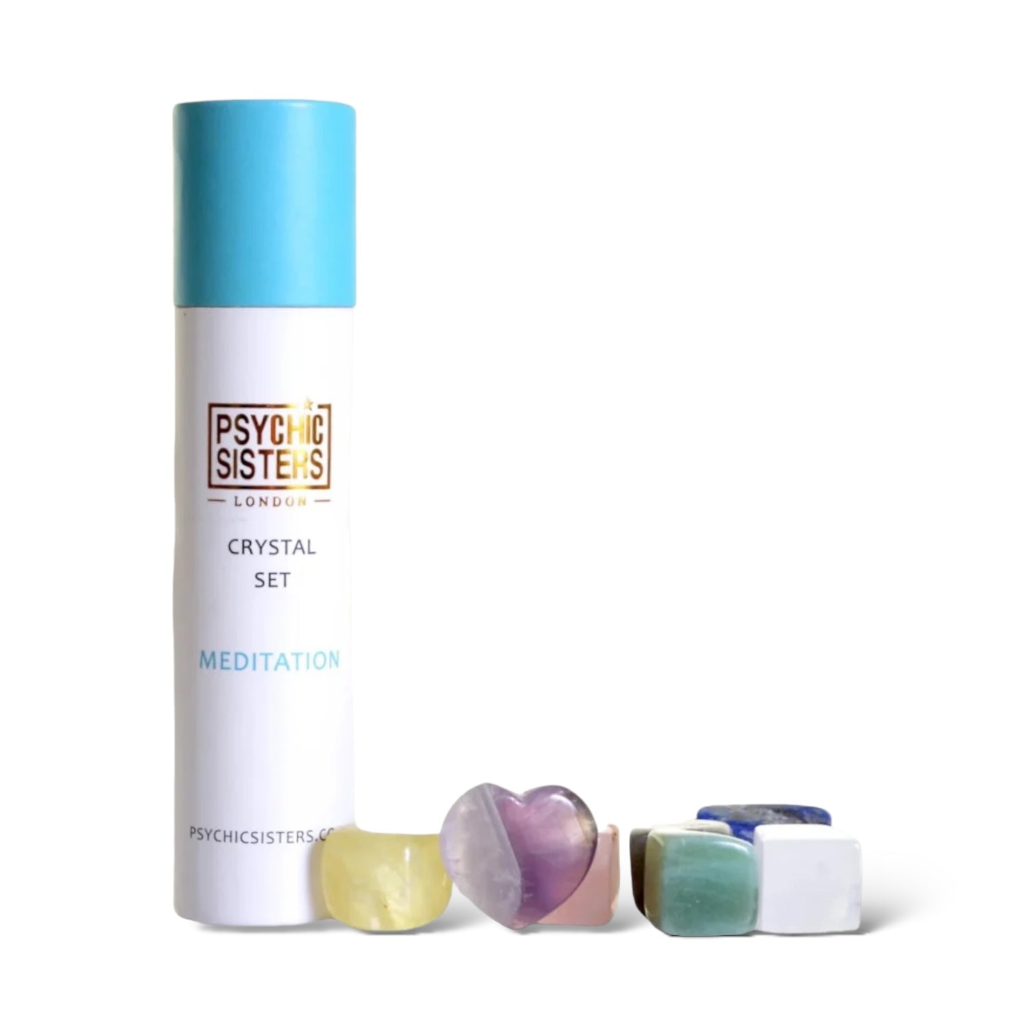 Meditation Crystal Set featuring colorful crystals and packaging designed for deepening spiritual practice.