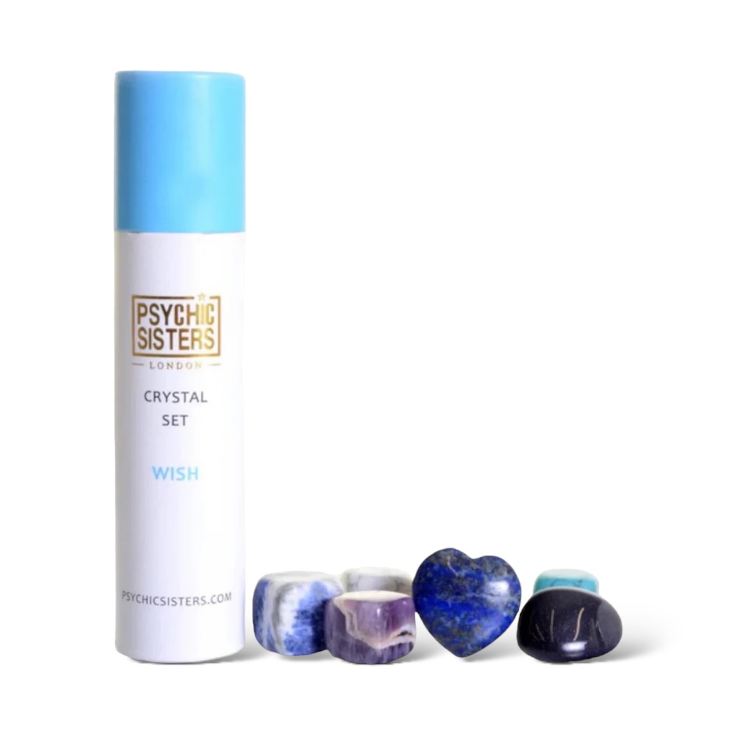 A set of crystal stones including a blue sapphire, a red agate, a tiger eye, and a clear quartz, accompanied by a container labeled 'PSYCHE SISTERS Crystal Set WISH'.
