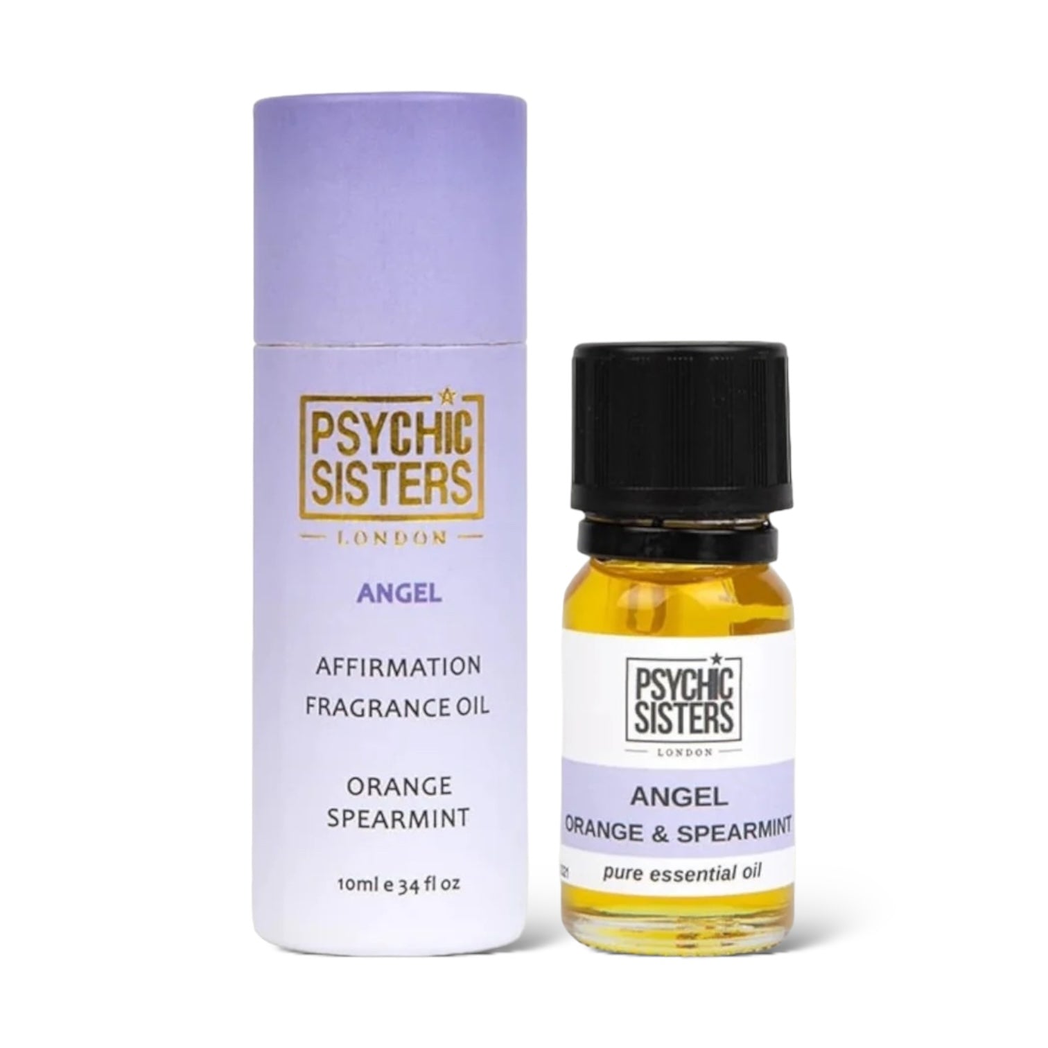 Angel fragrance oil with affirmation from Psychic Sisters, featuring orange and spearmint essential oils in 10ml bottle.