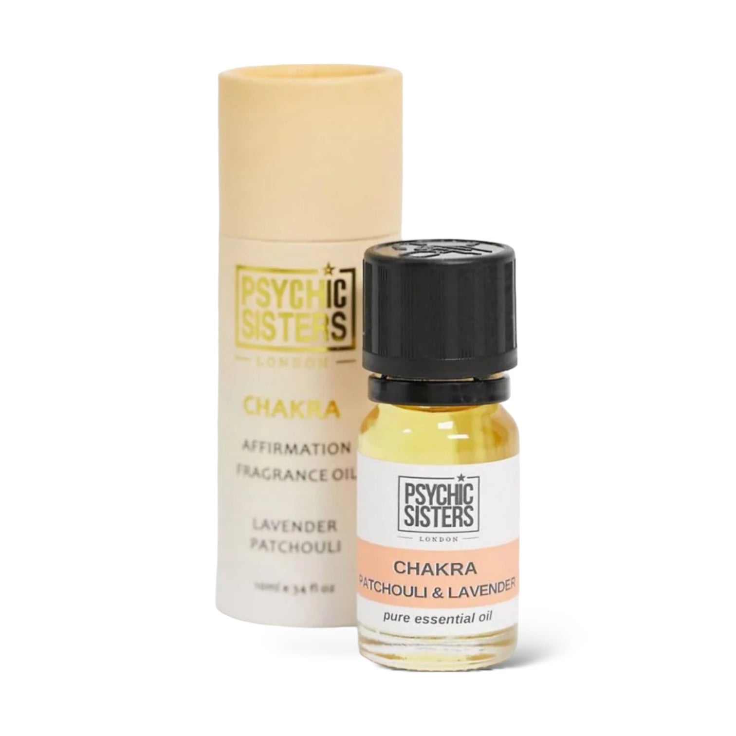 Chakra fragrance oil in a bottle with lavender and patchouli scent, presented in a stylish tube by Psychic Sisters.