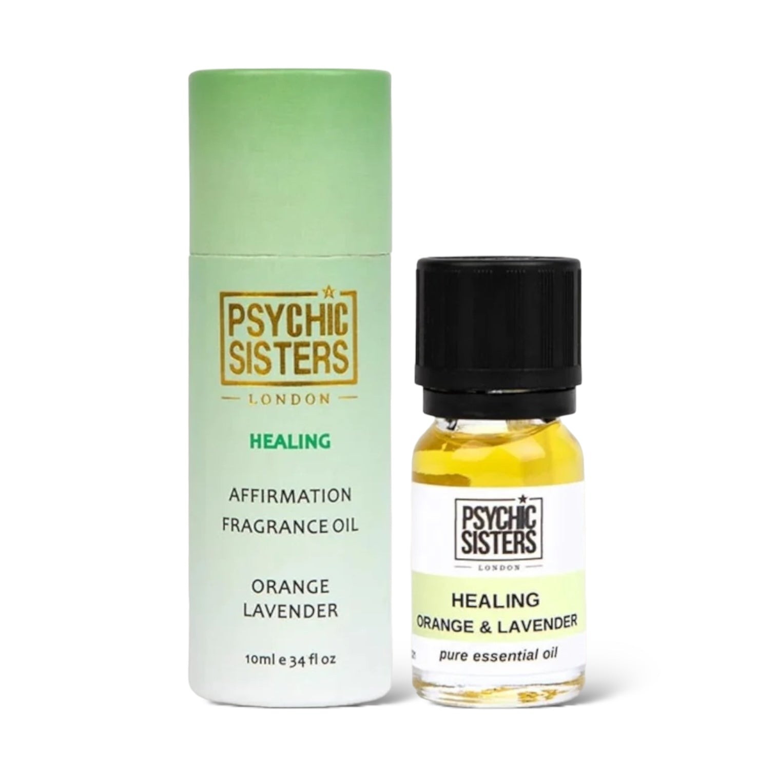 Healing Fragrance Oil from Psychic Sisters featuring orange and lavender scents in a stylish packaging.
