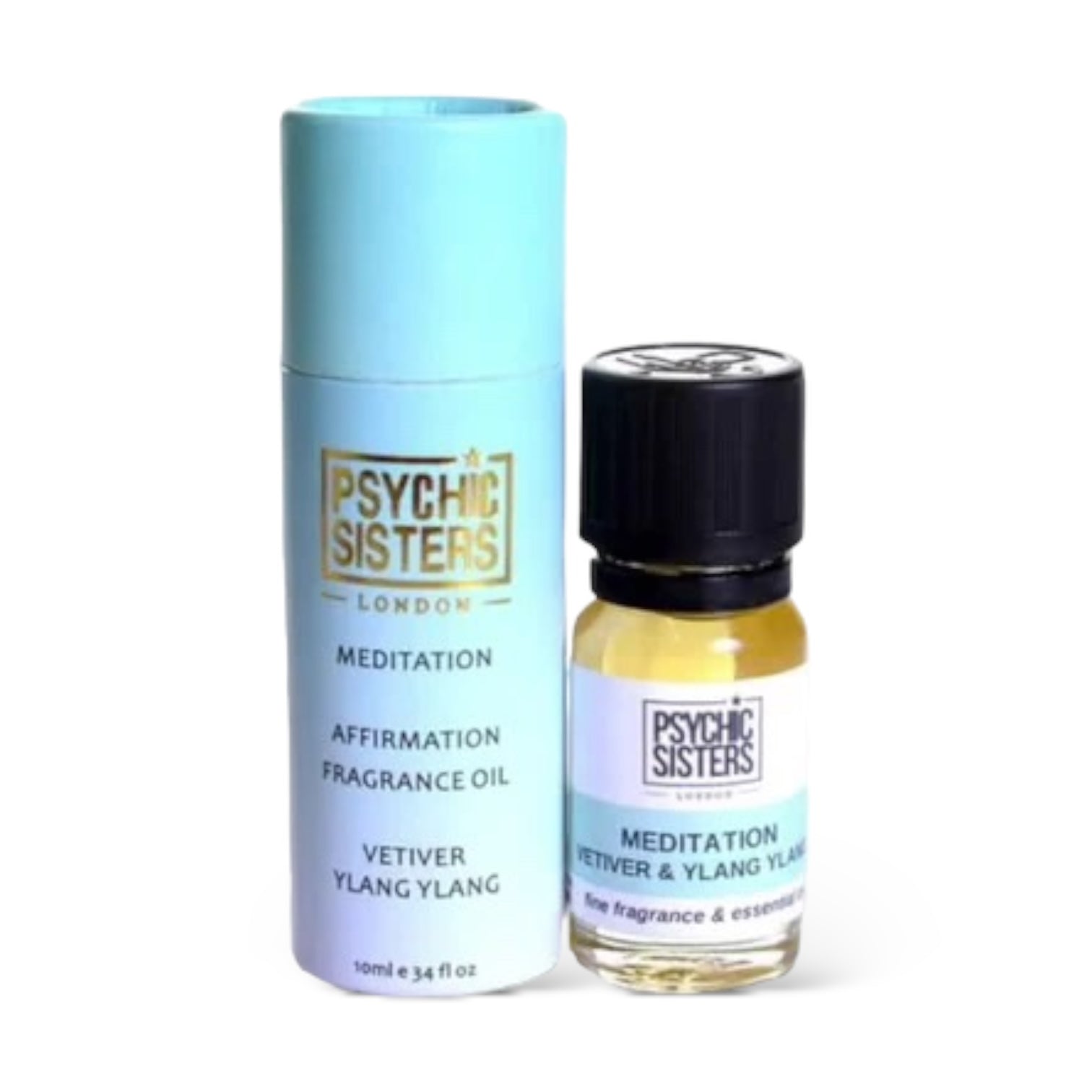 Meditation fragrance oil by Psychic Sisters, featuring vetiver and ylang ylang, in a 10ml bottle with affirmation benefits.