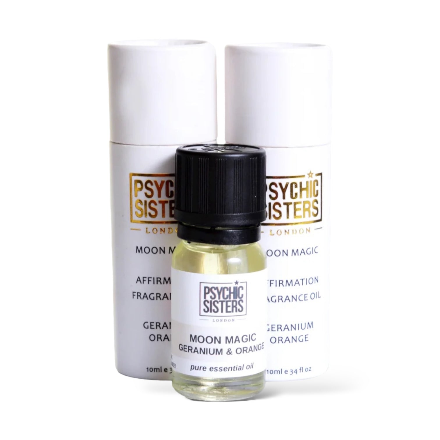 Moon Magic fragrance oil bottle with packaging, featuring rejuvenating geranium and orange scents.