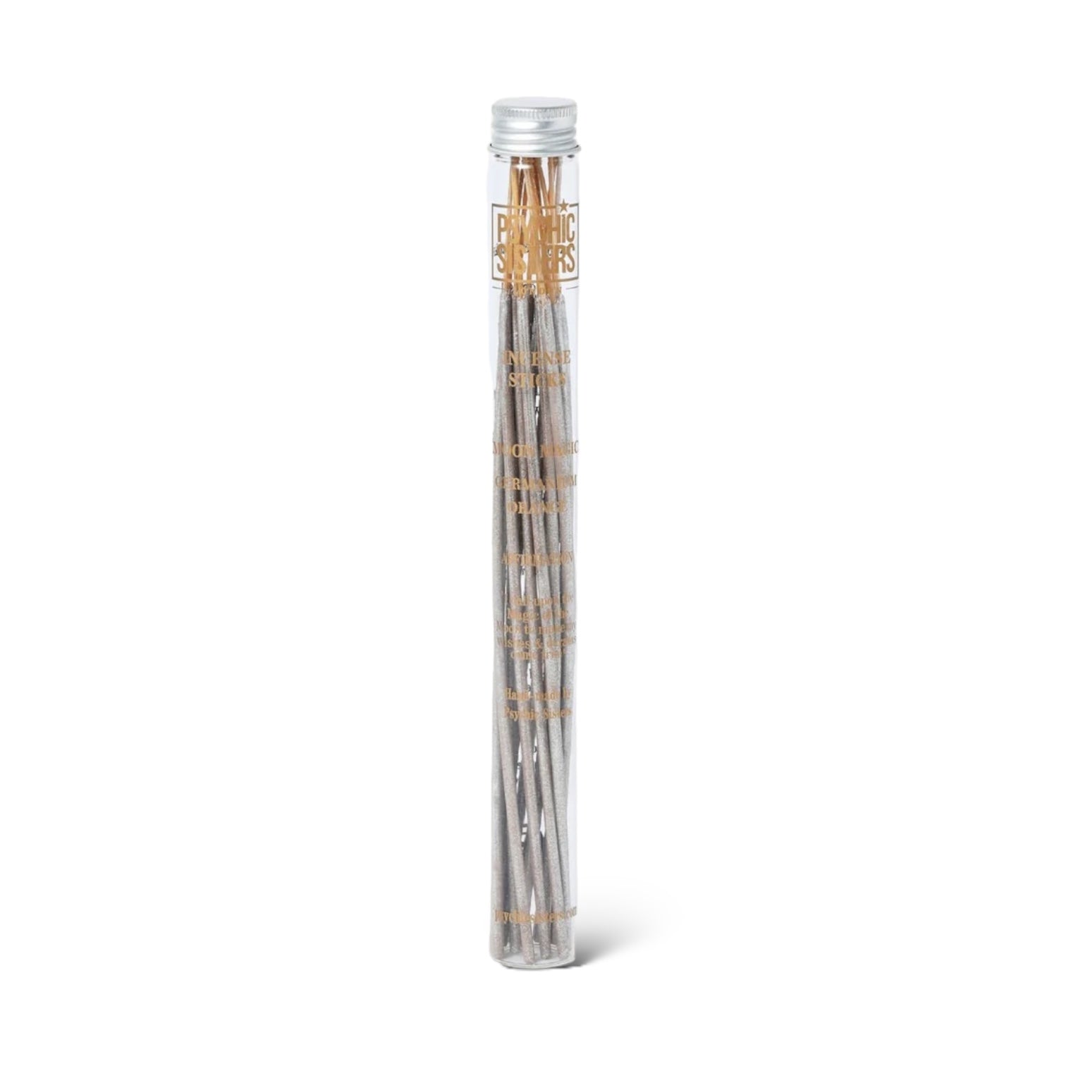 A clear tube containing incense sticks with golden accents on the packaging, labeled 'Psychic Sisters'.