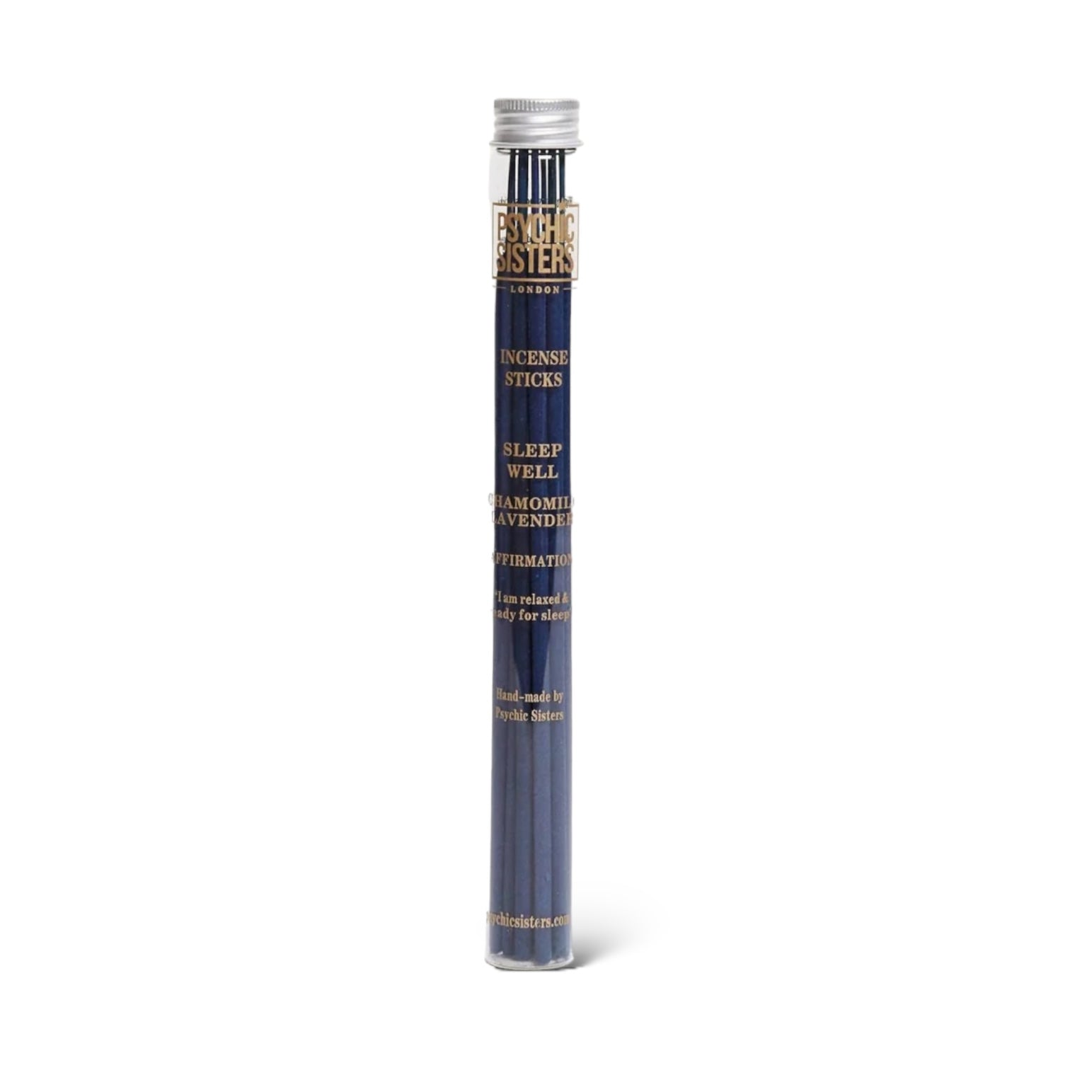 Sleep Well Incense sticks in a reusable glass tube, featuring chamomile and lavender scent for relaxation.