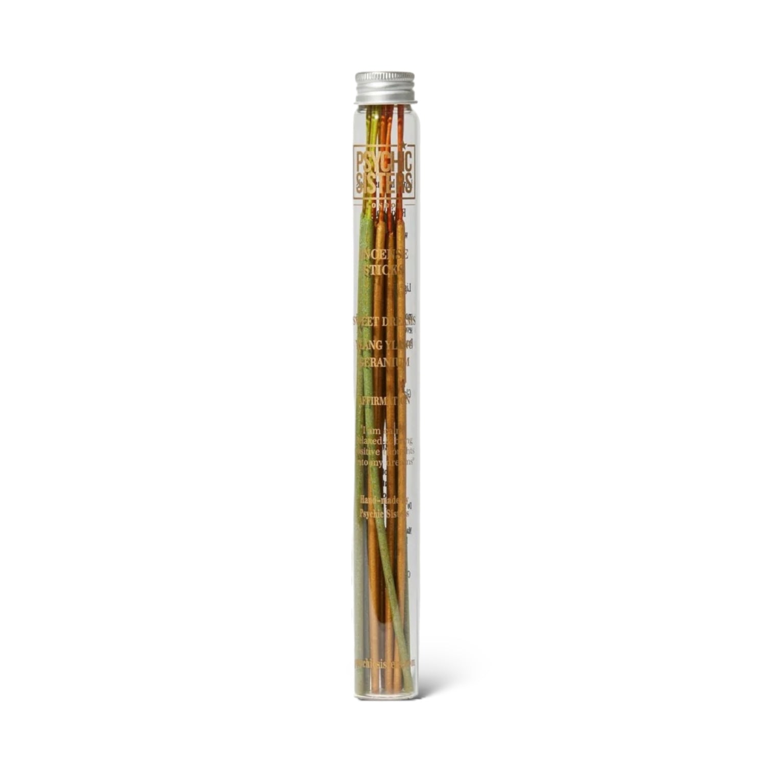 A clear cylindrical tube containing incense sticks with a label that reads 'Sweet Dreams Incense'.