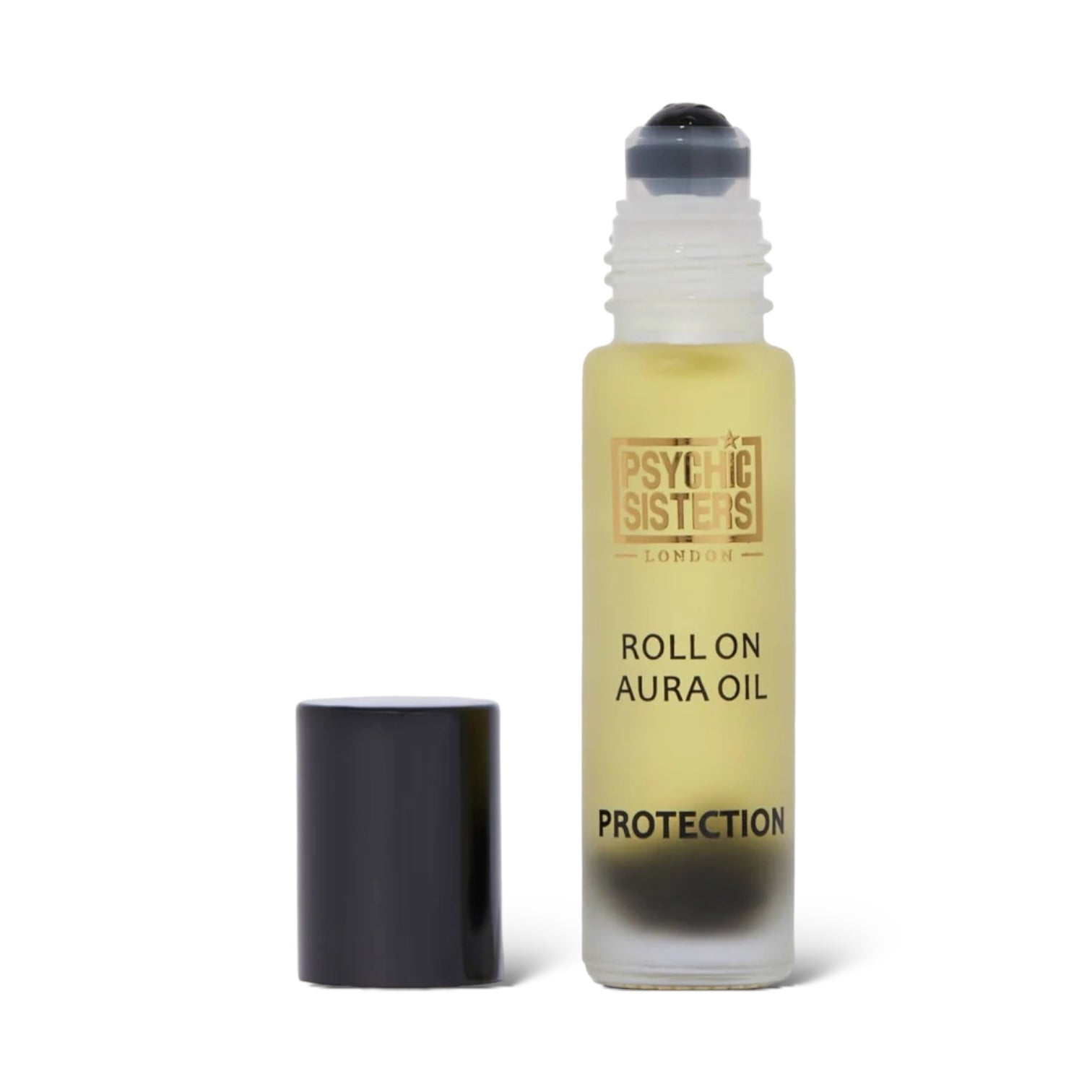 Protection Roll On bottle with black cap from Psychic Sisters, featuring essential oils and gemstones for energy protection.