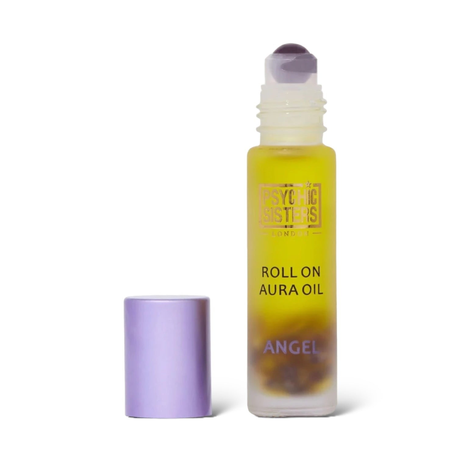 Angel Roll On oil by Psychic Sisters in a roll-on bottle with a purple cap and Amethyst gemstone