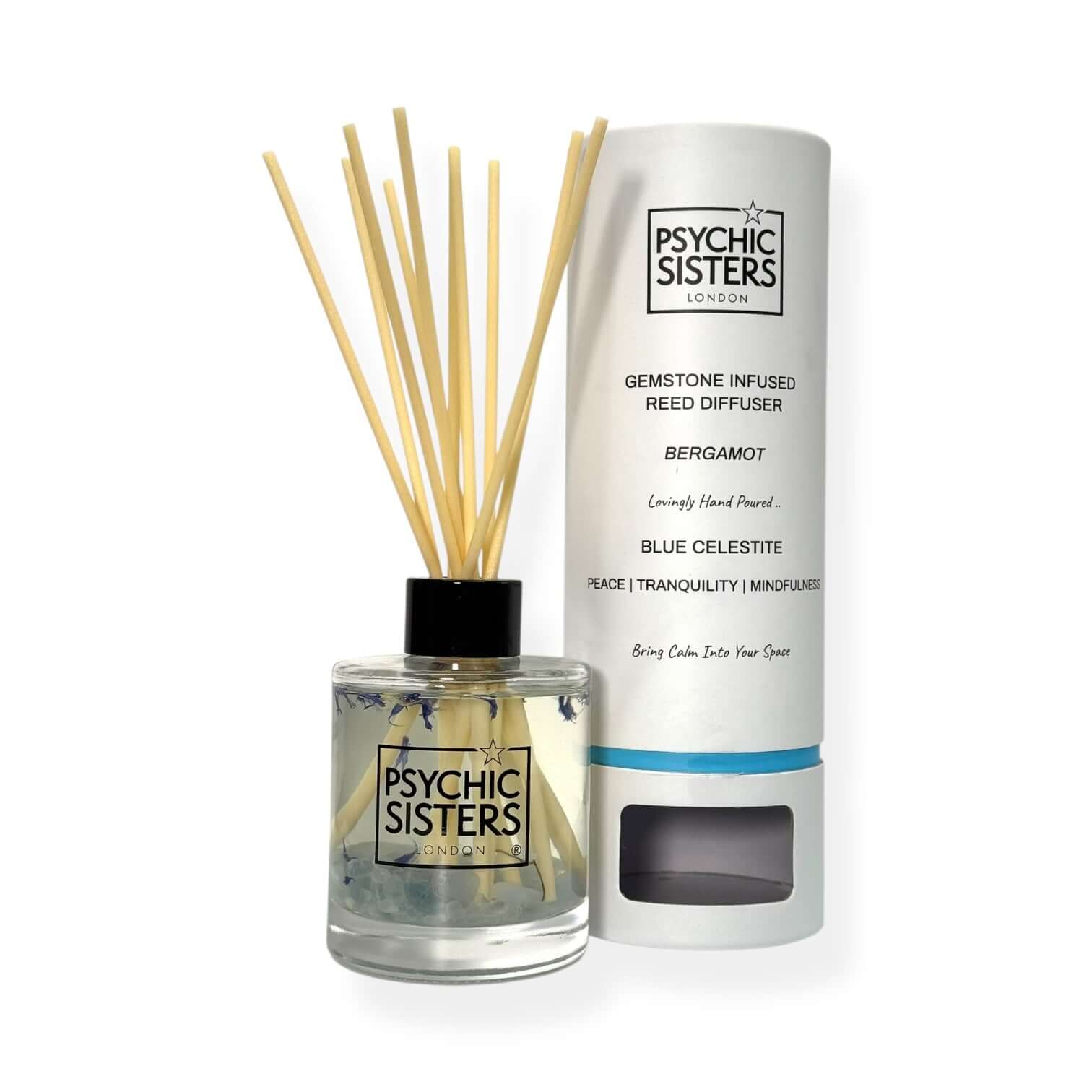 Reed diffuser set with bottle and packaging labeled 'Psychic Sisters' on a white background