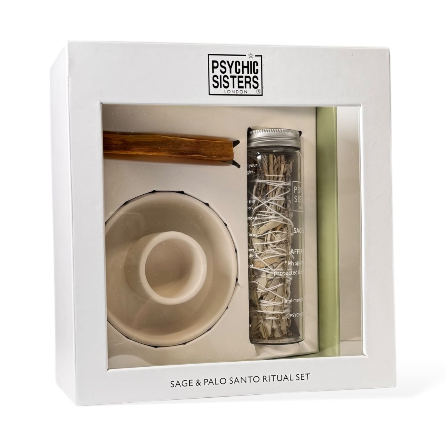 Sage And Palo Santo Ritual Set in a box, including sage, palo santo stick, and a holder for spiritual cleansing.