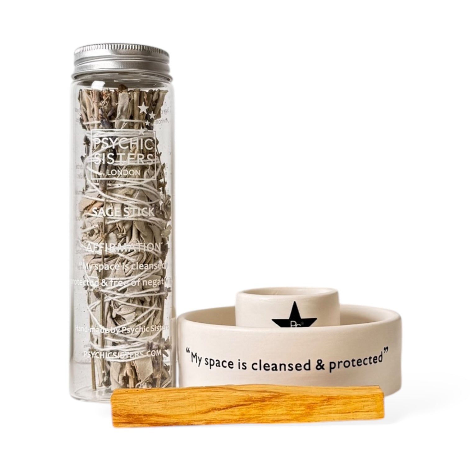 Sage And Palo Santo Ritual Set featuring sage sticks, palo santo wood, and a cleansing bowl with an inspirational quote.