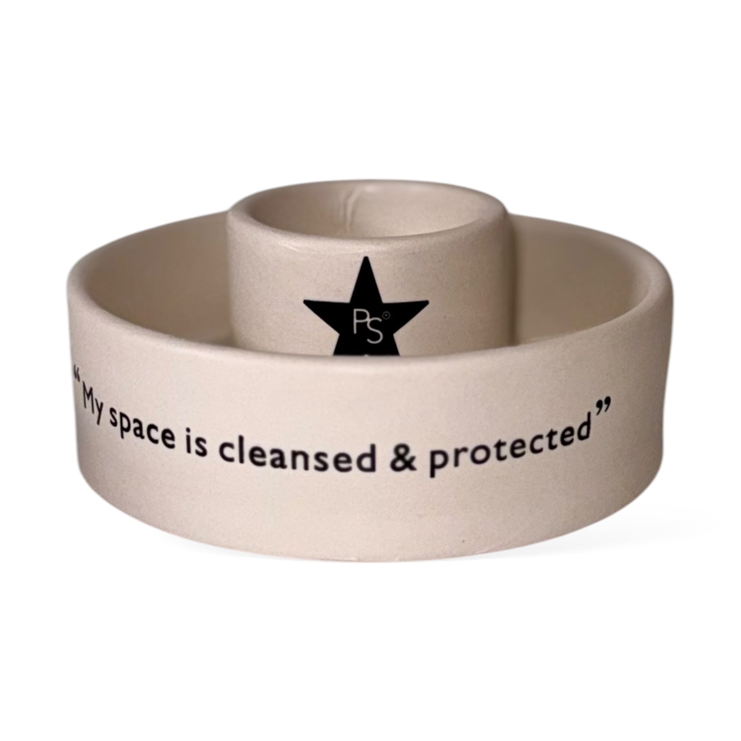 Sage And Palo Santo Ritual Set ceramic dish with the phrase 'My space is cleansed & protected'
