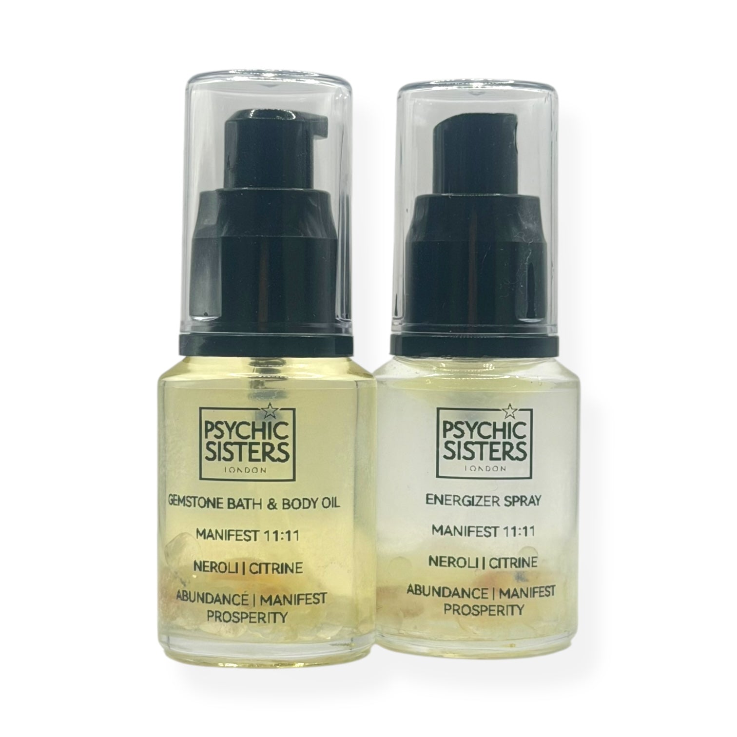 Image of the Manifest 11:11 Oil & Mist Set featuring Gemstone Bath & Body Oil and Energizer Spray by Psychic Sisters.