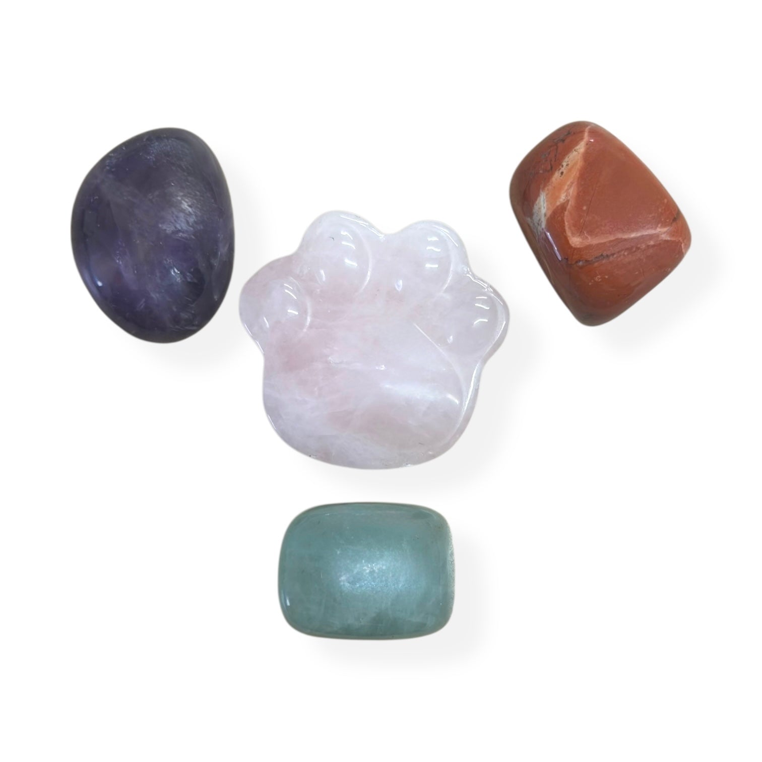 Cat Crystal Set featuring four crystals including a Rose Quartz paw, perfect for cat lovers.