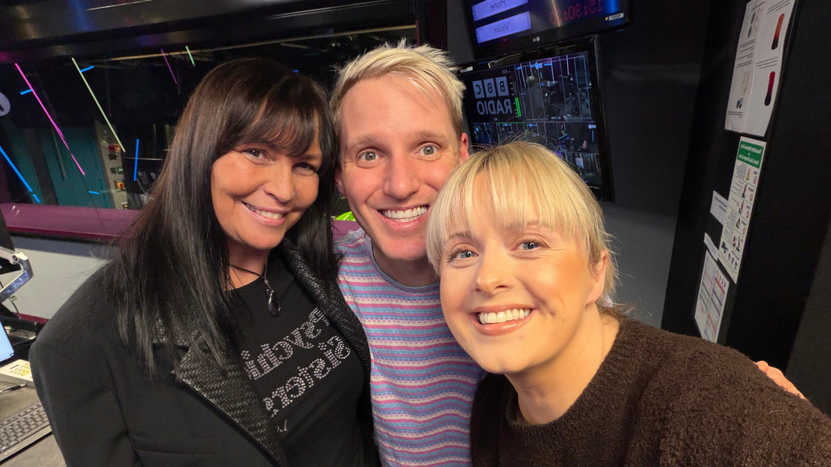 Jayne Wallace giving psychic readings to BBC Radio 1 presenters Katie Thistleton and Jamie Laing at Psychic Sisters Selfridges London