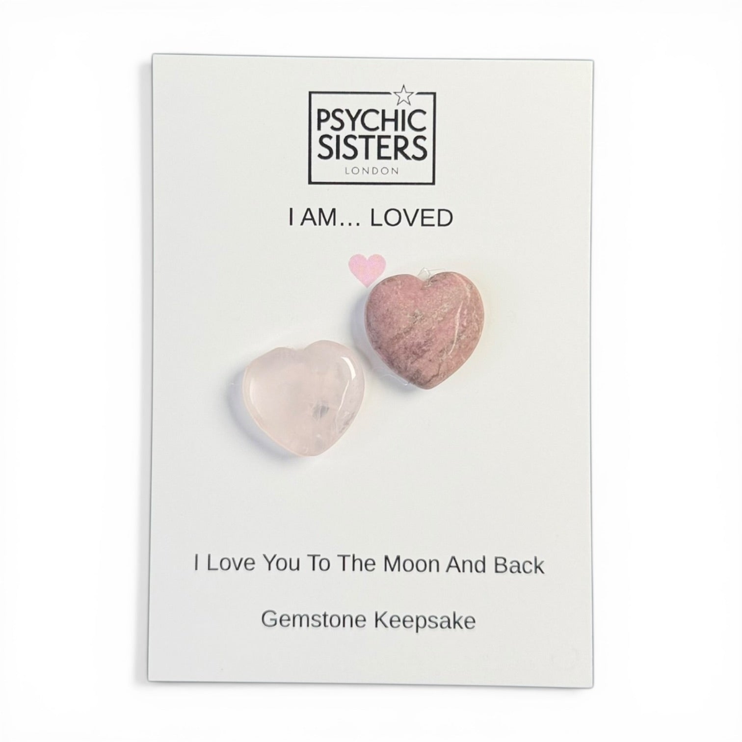 I Am Loved Hand-Chosen Crystal Cards featuring hand-carved Rose Quartz and gemstone hearts for comfort and connection.