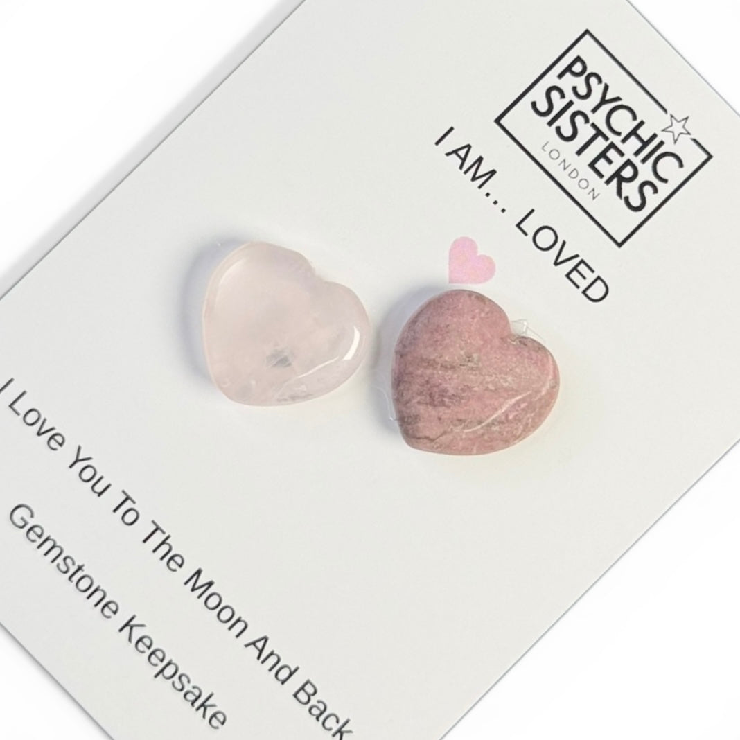 I Am Loved Hand-Chosen Crystal Cards featuring hand-carved Rose Quartz and gemstone hearts for comfort and connection.