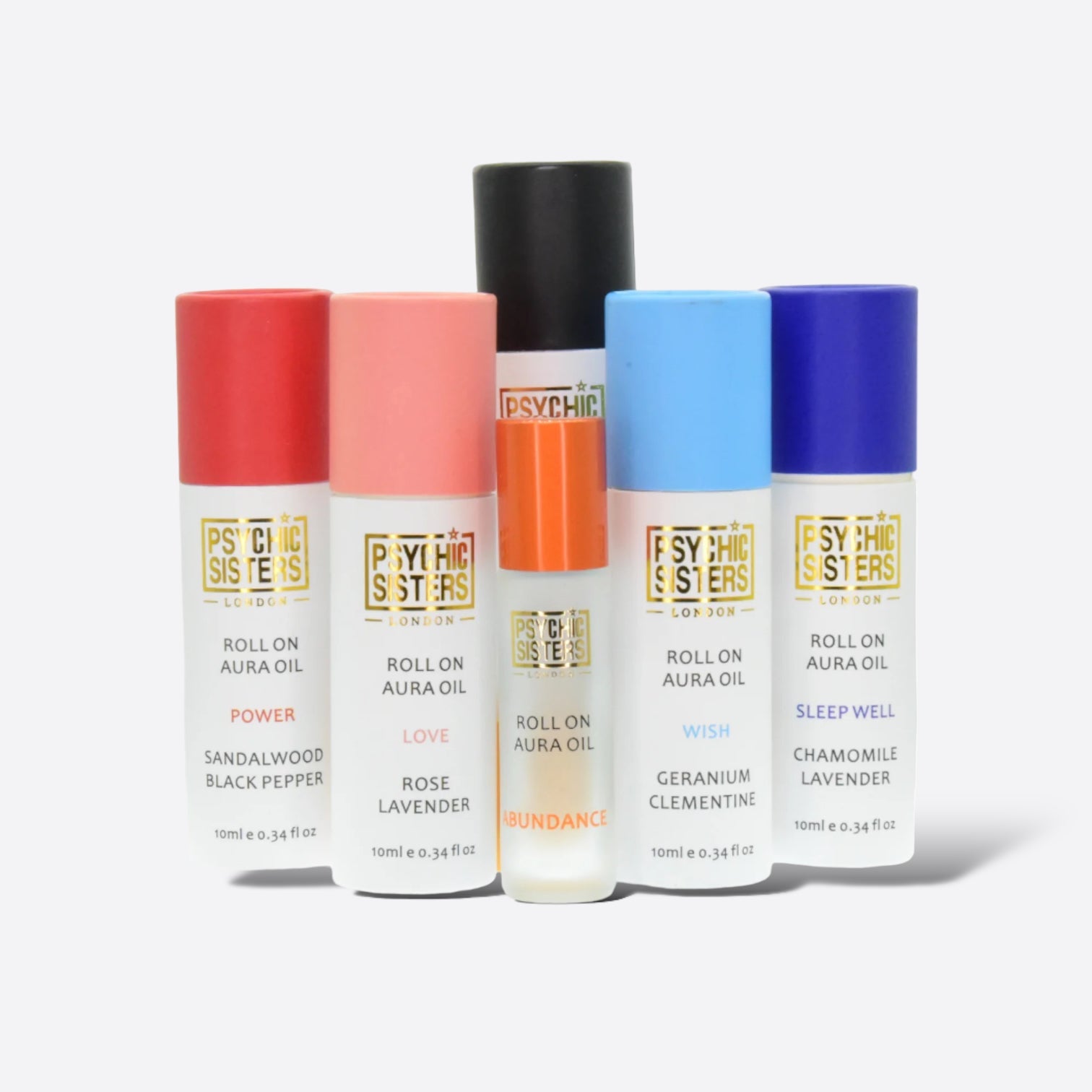 ROLL ON OIL BUNDLE with various essential oil roller bottles including Power, Love, Wish, and Sleep Well.