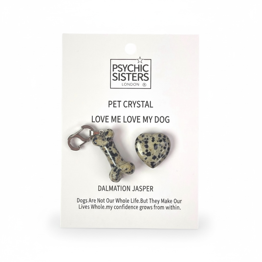The Psychic Sisters Love Me, Love My Dog Pocket Hug Set is a meaningful crystal gift for dog lovers, featuring an intuitively chosen Dalmatian Jasper dog bone and heart charm designed to symbolise loyalty, comfort and the special bond between owner and pet. Beautifully packaged with an affirmation card, this thoughtful keepsake is perfect for gifting, emotional support and everyday positive energy.
