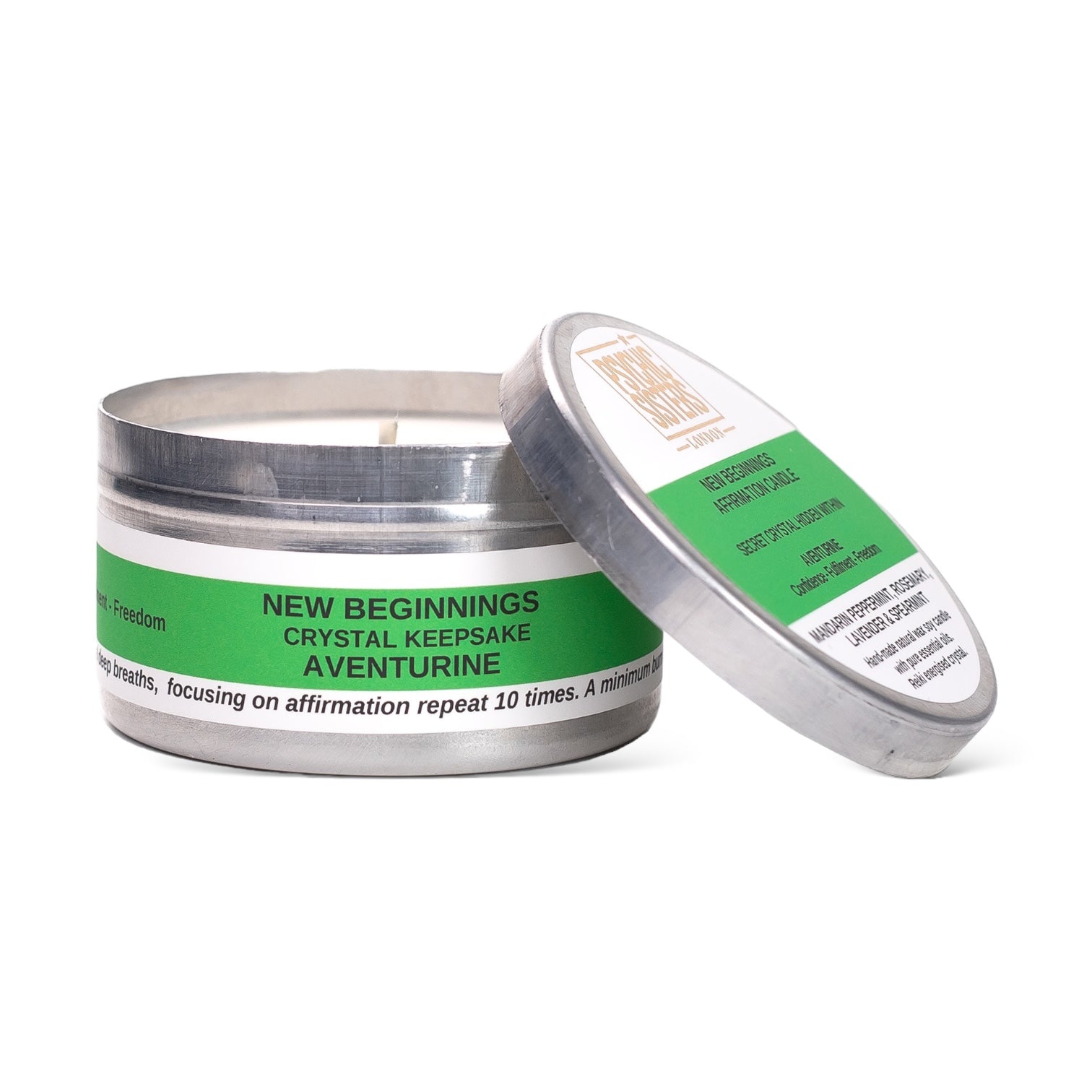 New Beginnings Tin Candle featuring a crystal keepsake and a refreshing scent blend for daily affirmations.