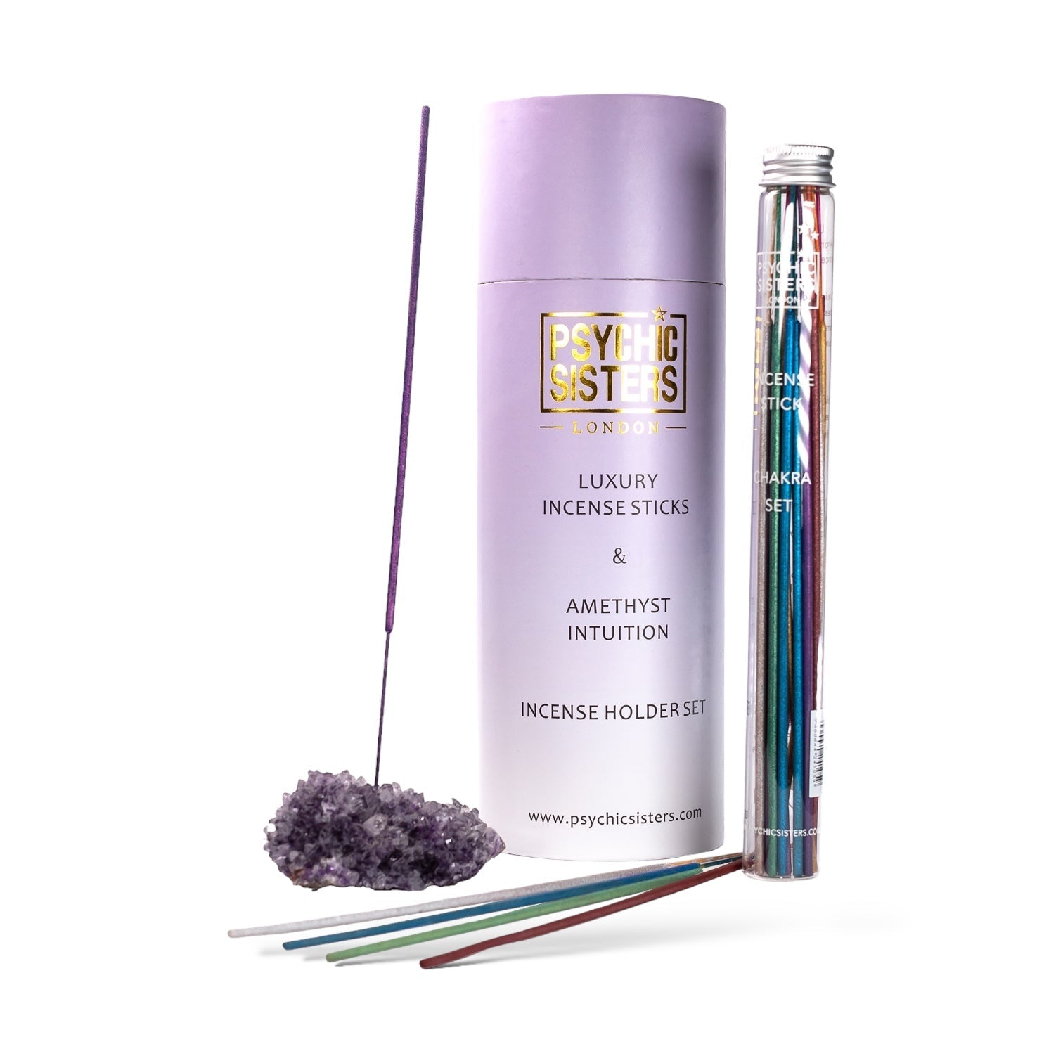 Amethyst Incense Holder Set with luxury incense sticks and a handmade amethyst gemstone holder.
