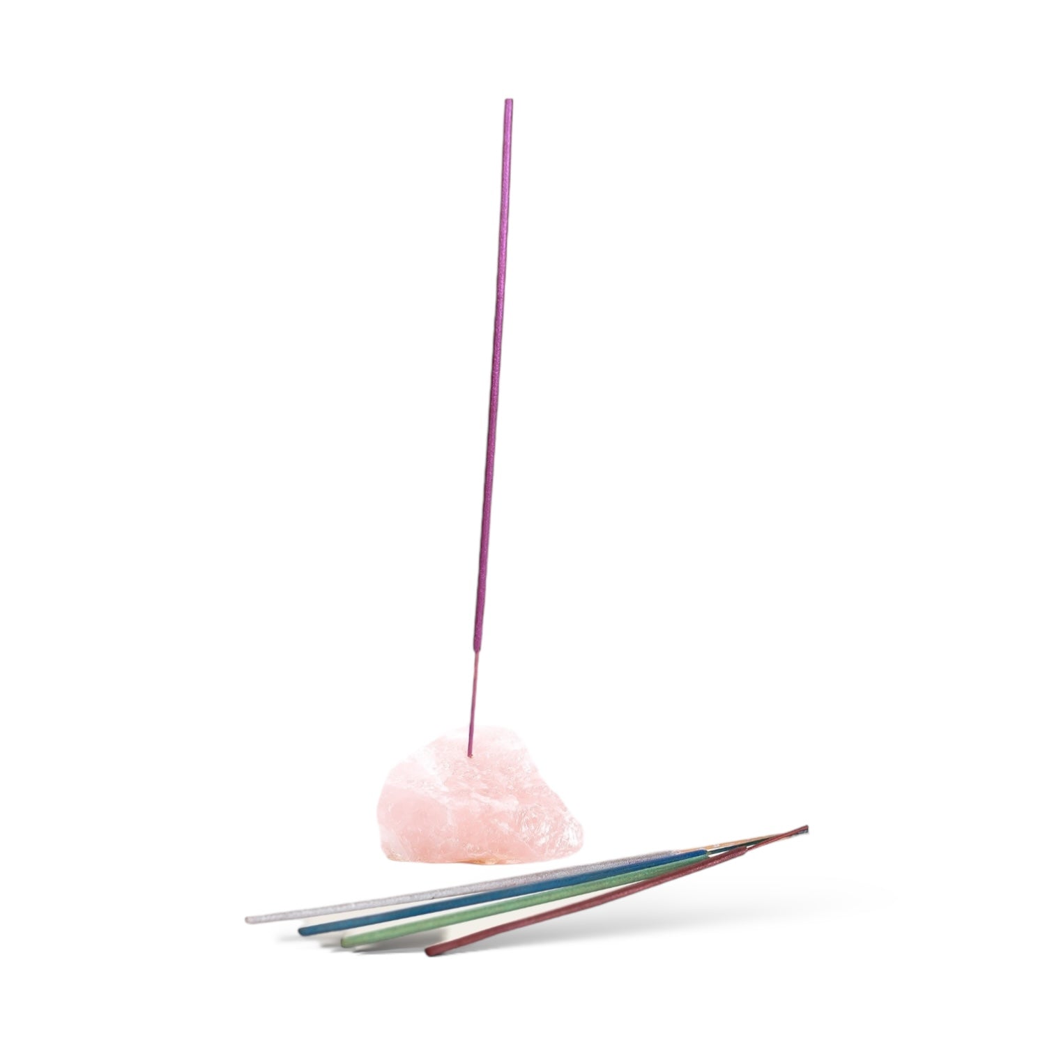 Rose Quartz Incense Holder Set featuring a rose quartz gemstone and colorful incense sticks.