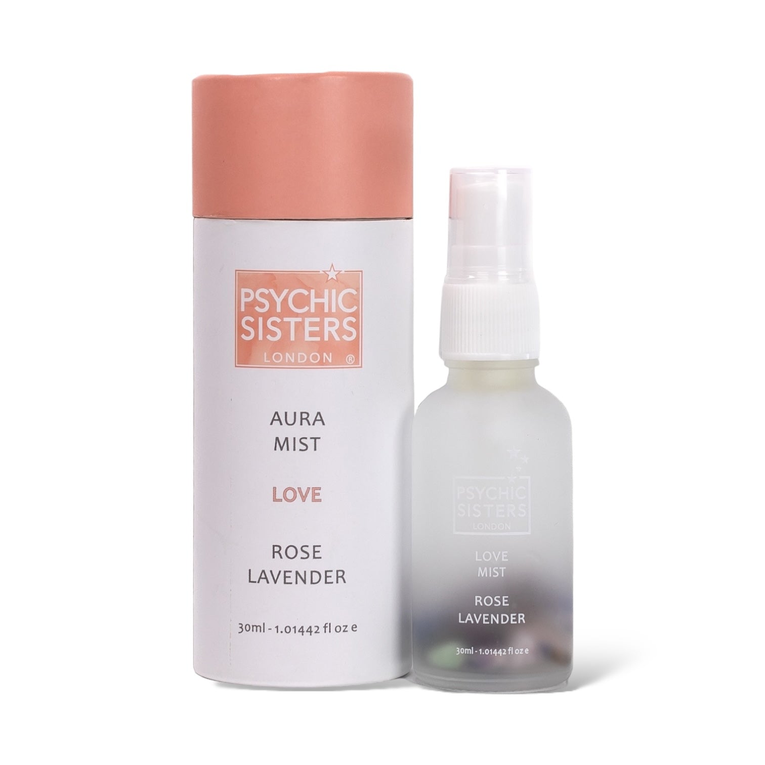 Love Aura Mist by Psychic Sisters, featuring rose lavender scent in a sleek bottle and packaging.