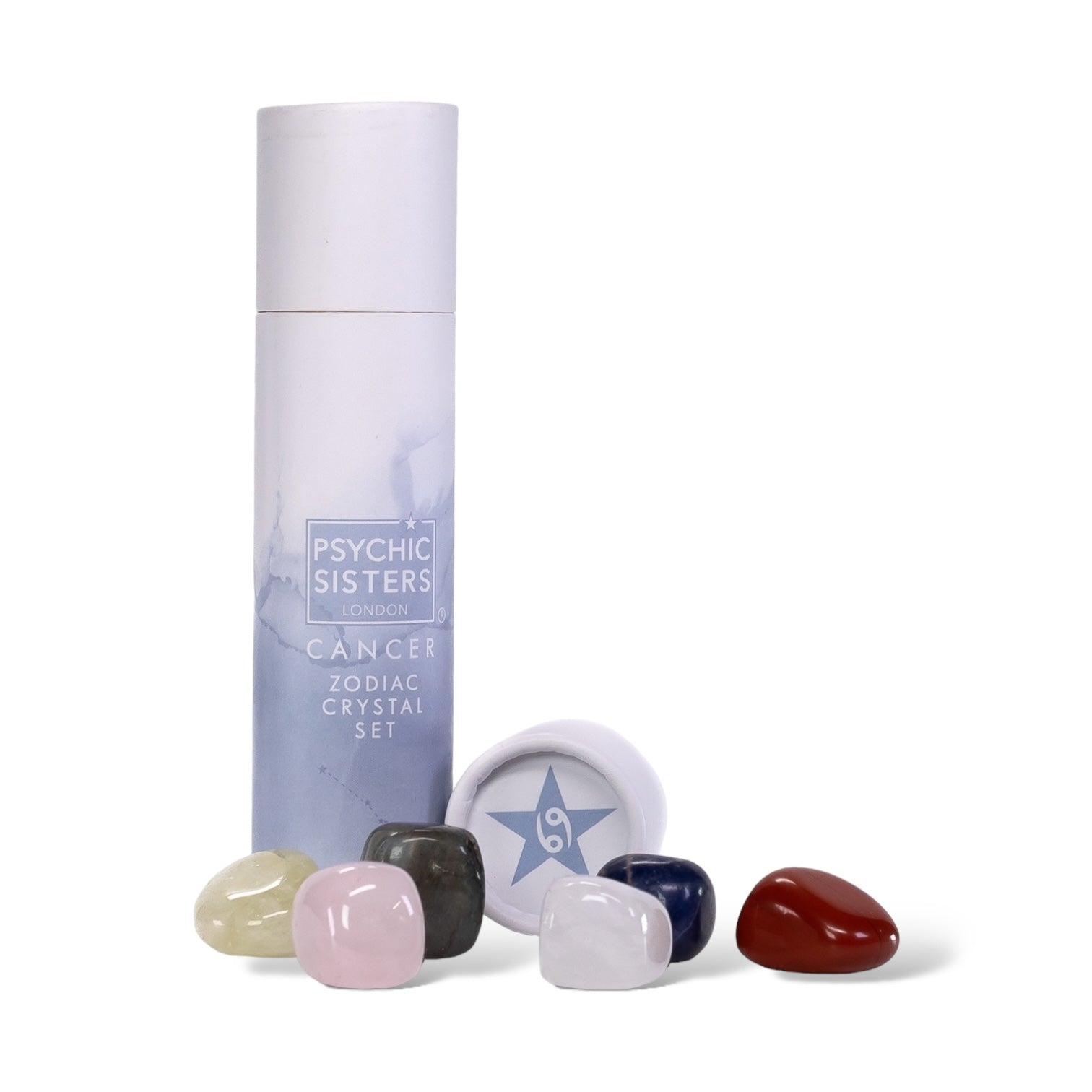 Cancer Crystal Set (June 21 - July 22) featuring a tube and selected healing crystals for zodiac sign.