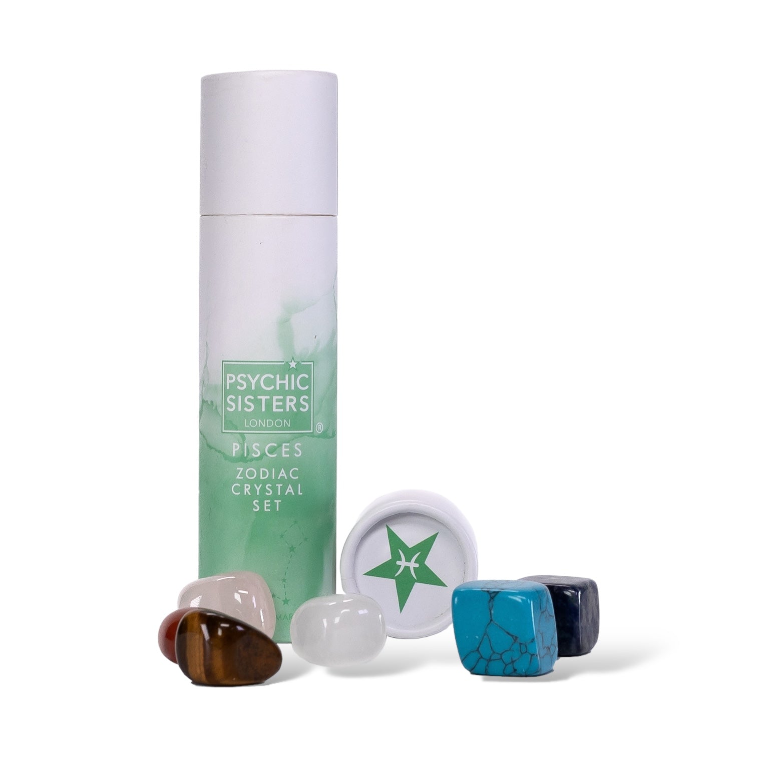 Pisces Crystal Set (February 19 – March 20) by Psychic Sisters with assorted crystals and packaging.