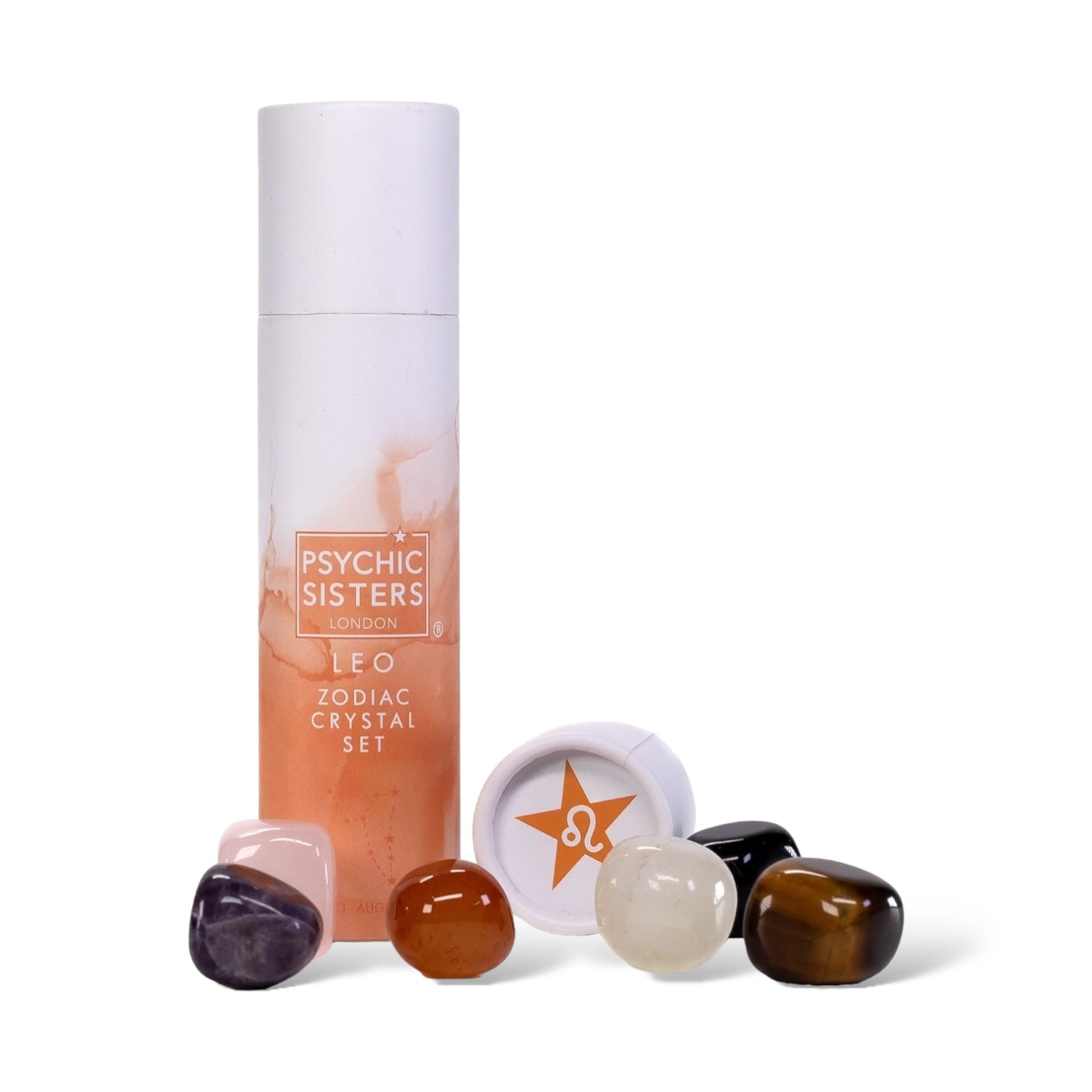 Leo Crystal Set (November 22 - December 21) featuring colorful crystals in a stylish tube by Psychic Sisters.