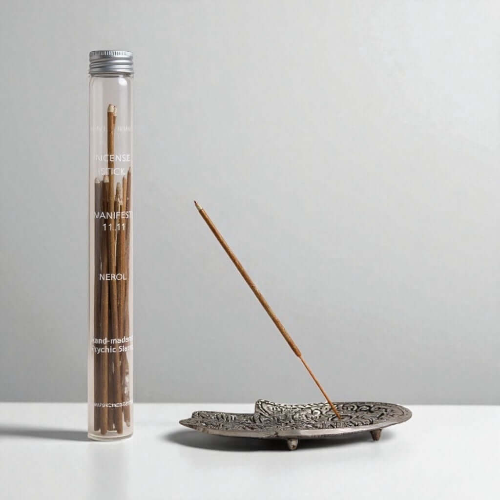 Incense stick in a cylindrical container with an incense holder on a gray background