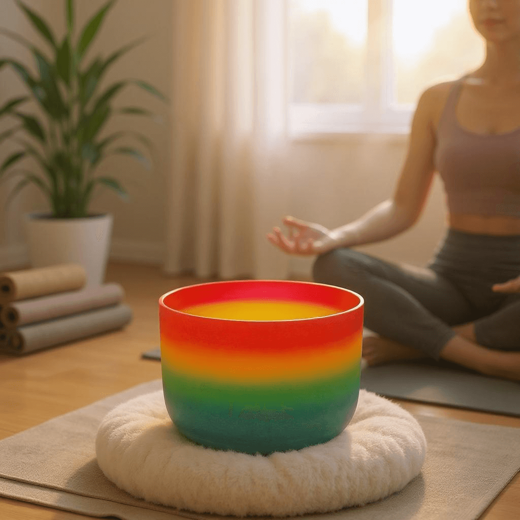 Chakra Rainbow Quartz 8” Crystal Singing Bowl for chakra balancing and harmony during meditation.